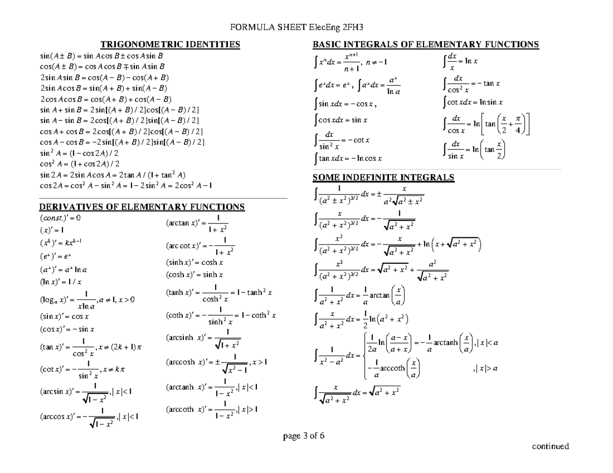 Math203formulasheet - FORMULA SHEET - page 3 of 6 TRIGONOMETRIC ...