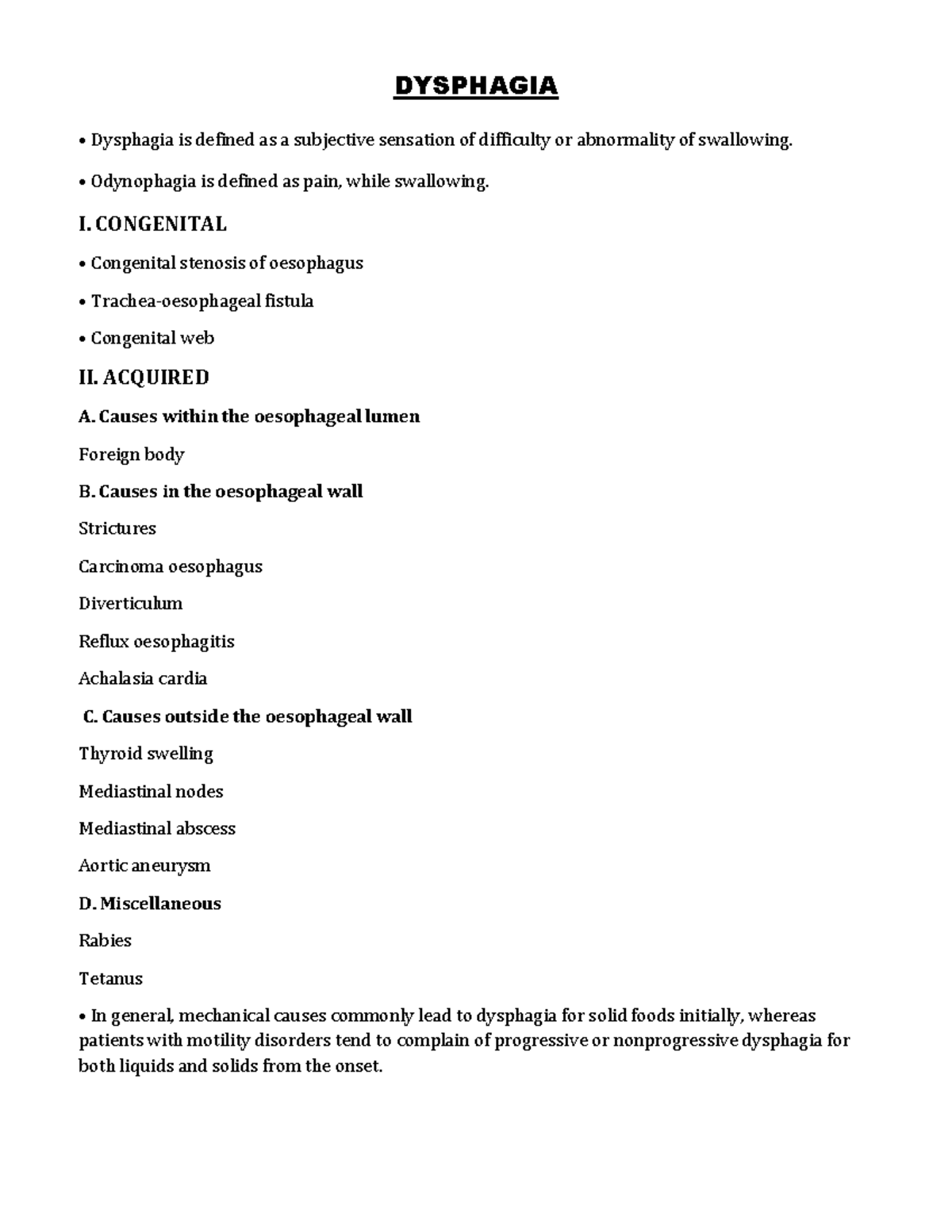 Dysphagia - Lecture notes 13-14 - DYSPHAGIA Dysphagia is defined as a ...