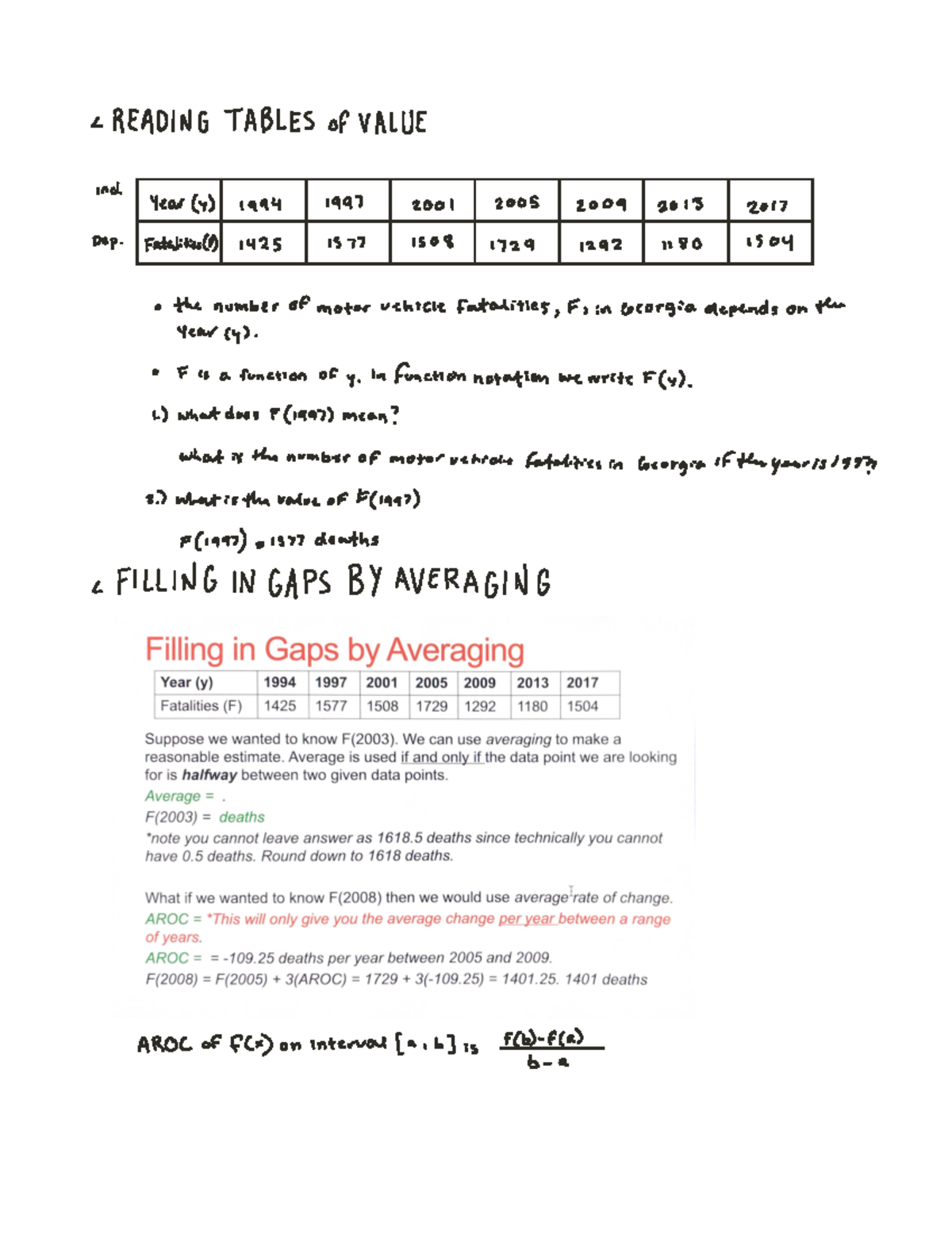 Chapter 1.2 MATH 1101 Reading tables of value, Filling in gaps by