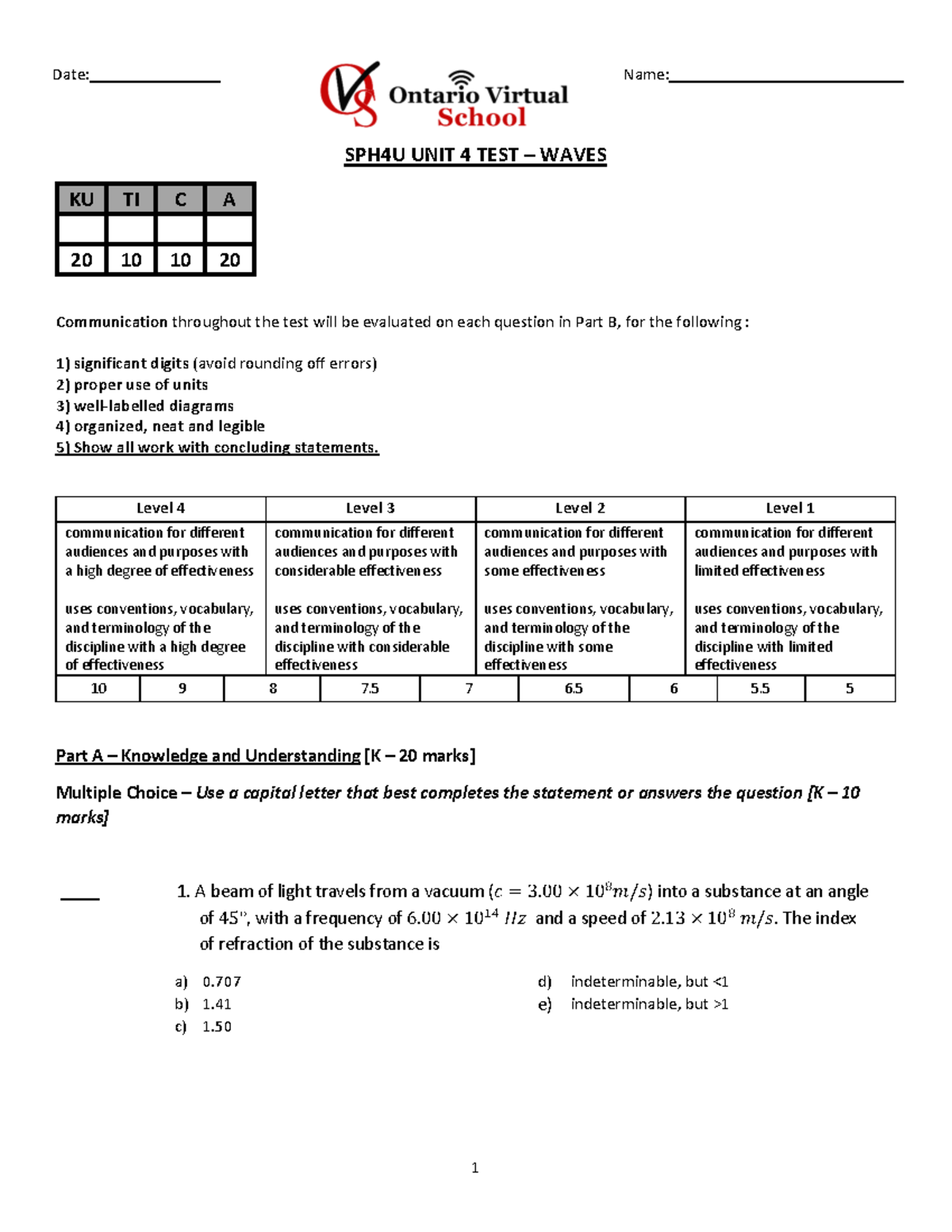 1680709971-SPH4U Unit Test 4 - Waves - SPH4U UNIT 4 TEST – WAVES KU TI ...