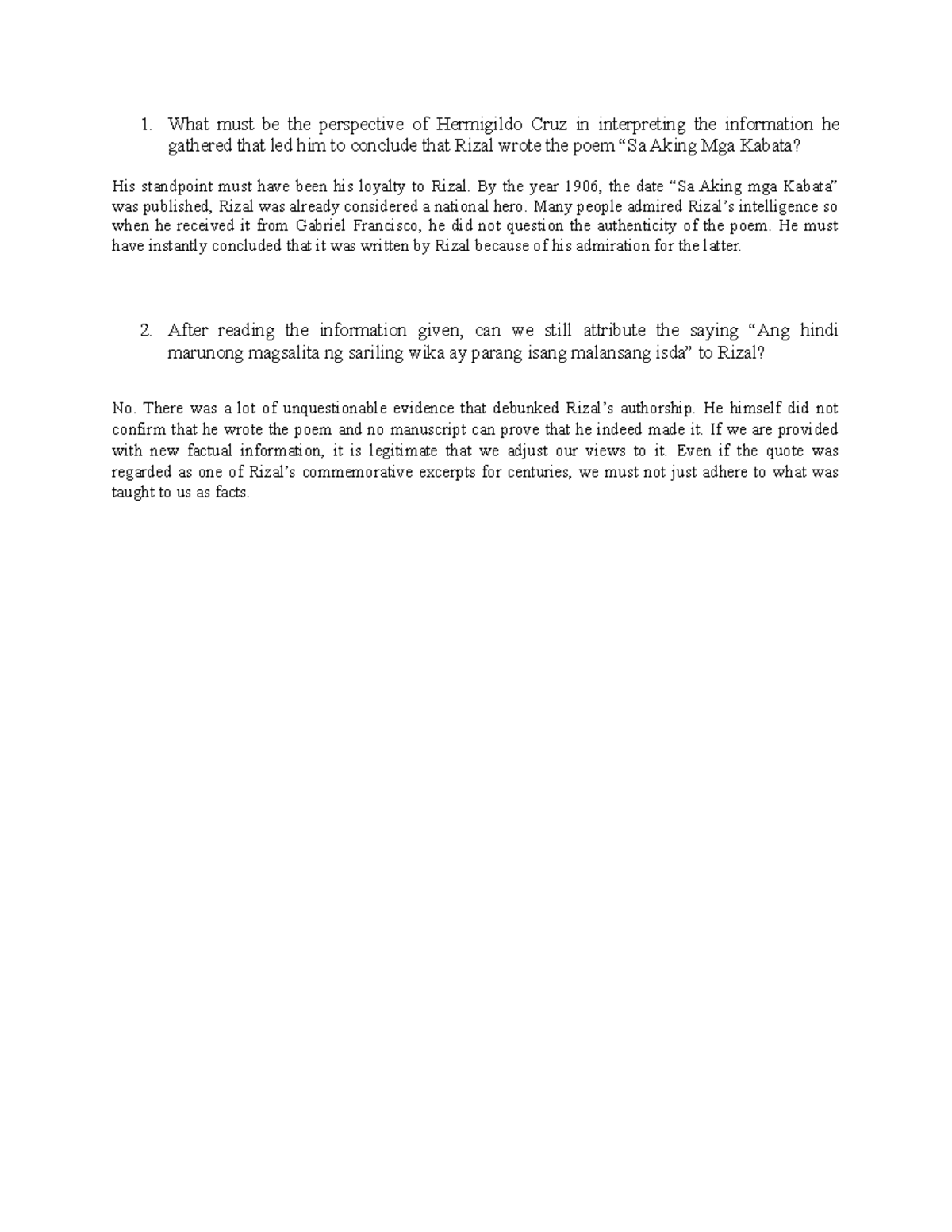 Rph - Notes - 1. What must be the perspective of Hermigildo Cruz in ...