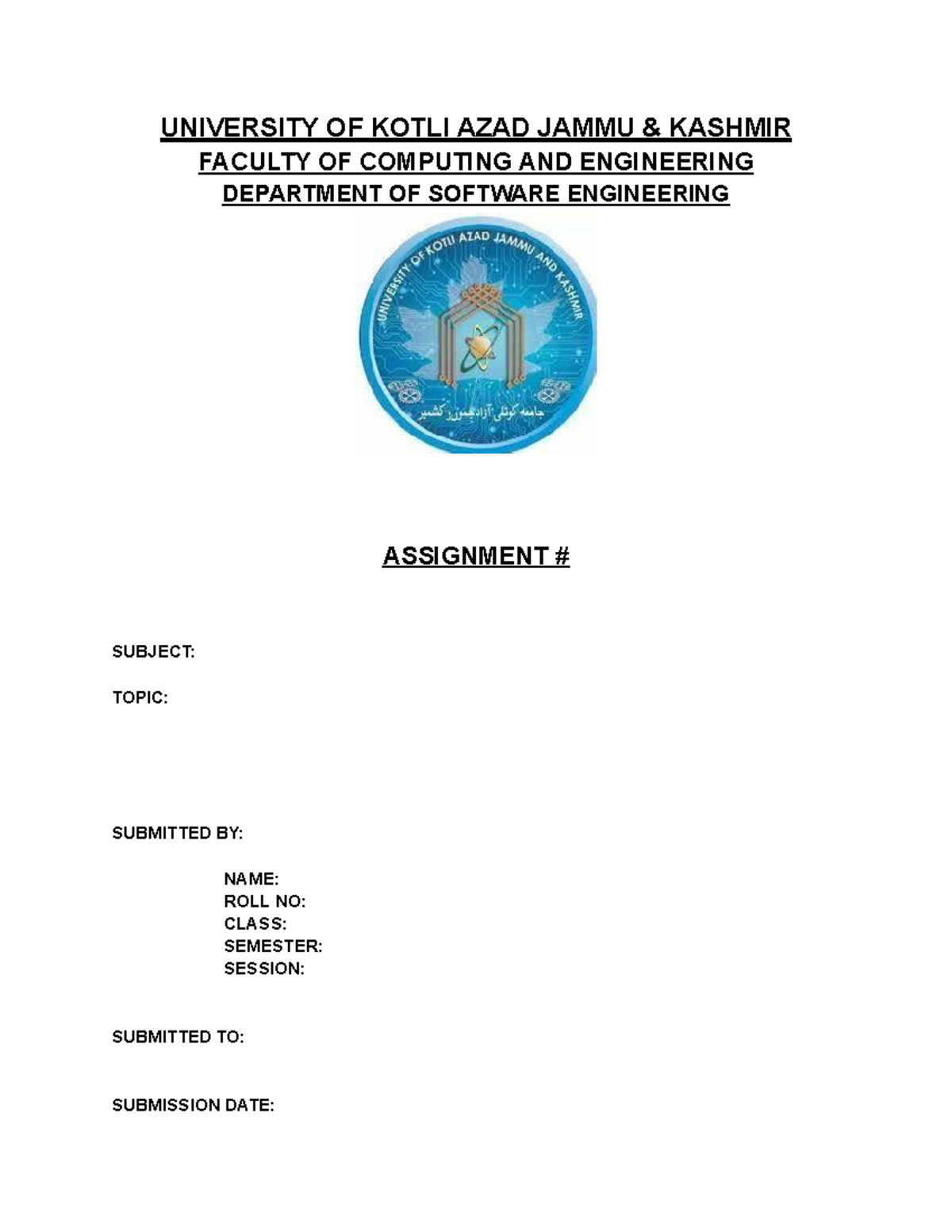Assignment Cover Page - Software Engineering - UNIVERSITY OF KOTLI AZAD ...