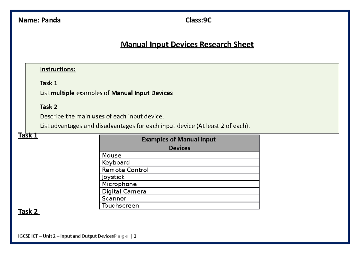 Manual input devices worksheet - Manual Input Devices Research Sheet ...
