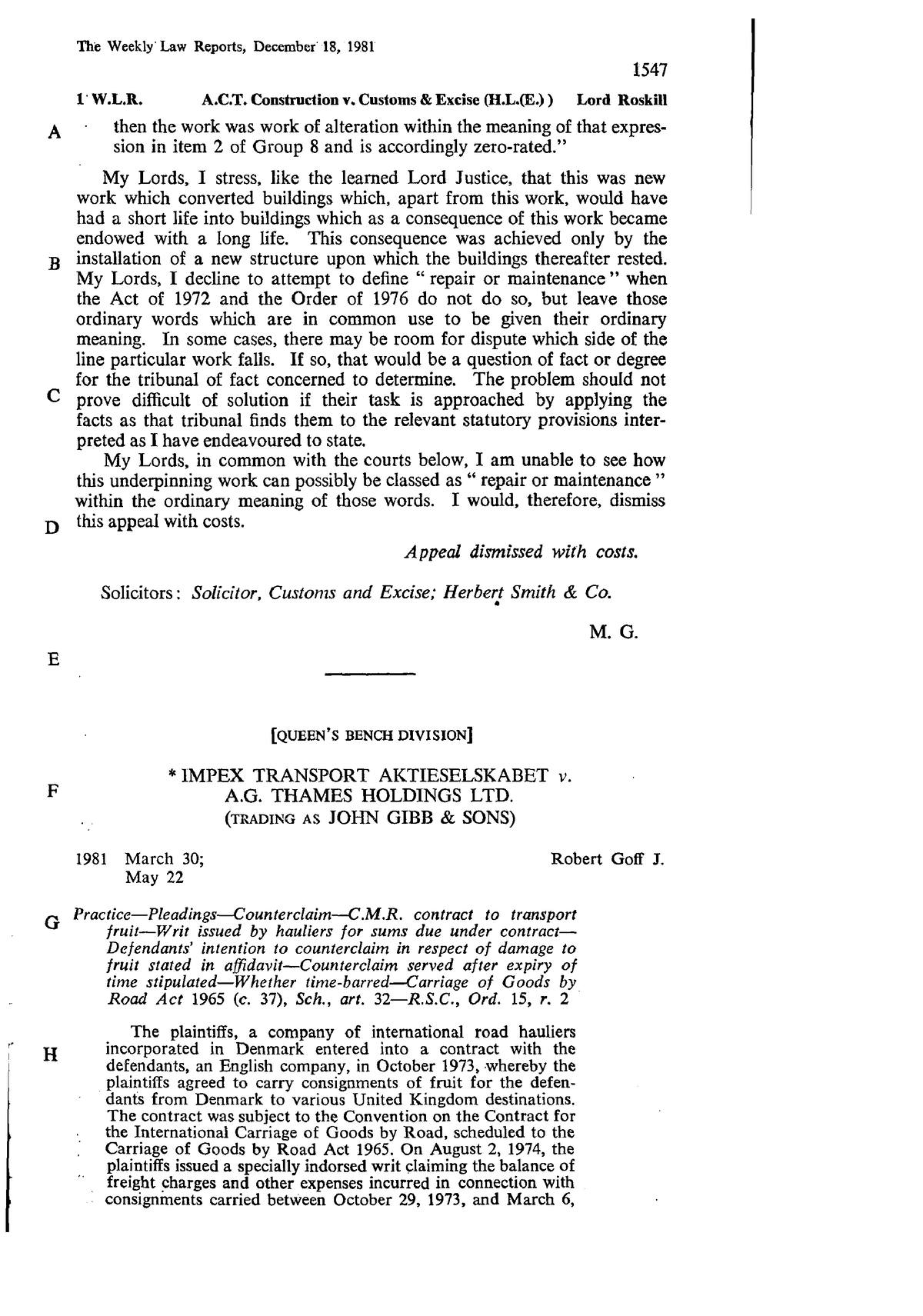 Impex Transport Aktieselskabet v. A.G. Thames Holdings LTD. ; ( Trading ...