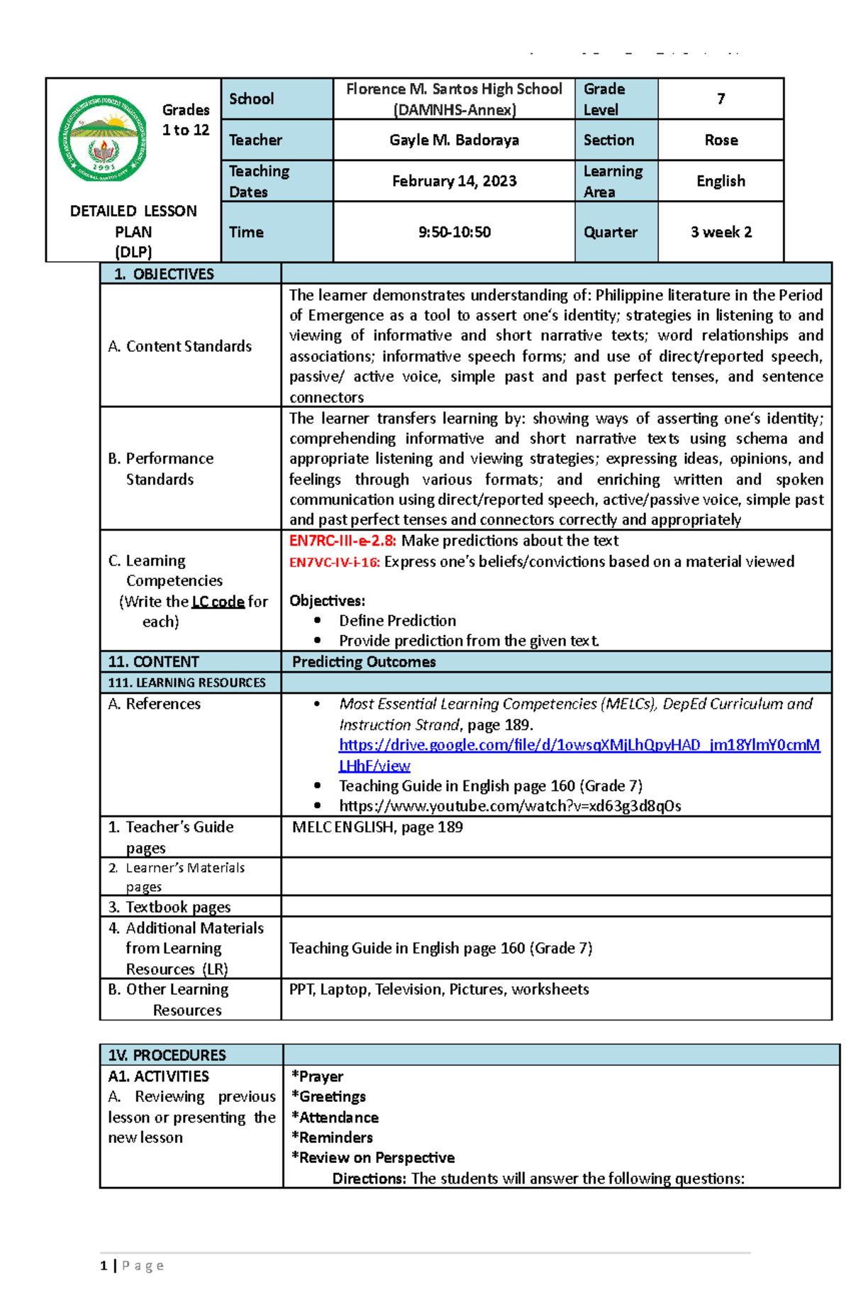 DLP 7 predictions - Annex 1C to DepEd Order N. Grades 1 to 12 DETAILED ...