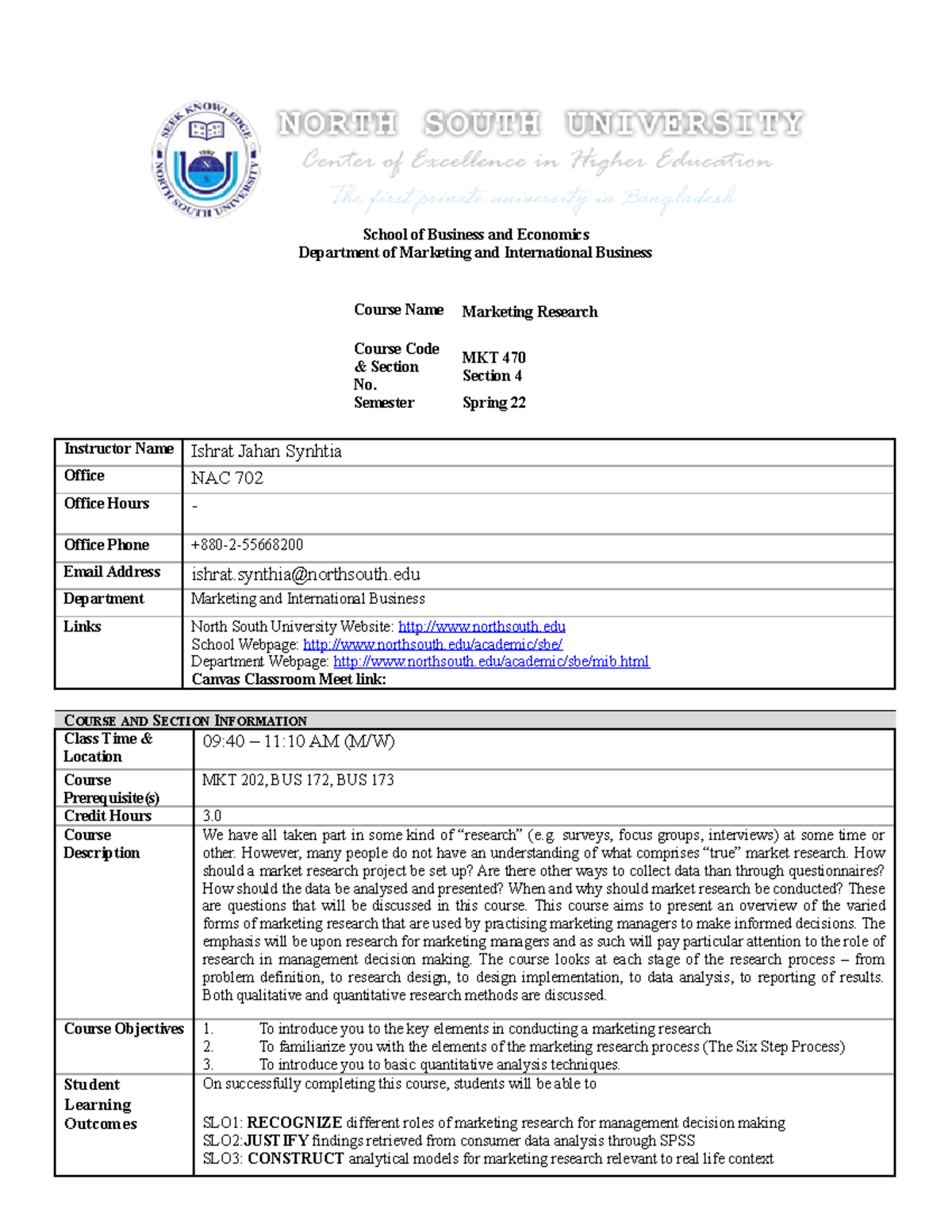 Course Outline For Mkt470 Spring 22 - School Of Business And Economics 