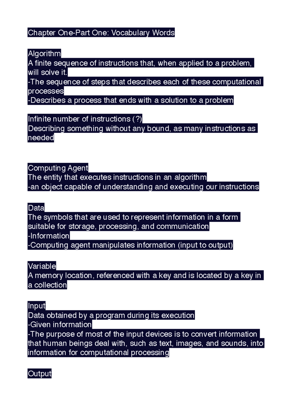 ICT 100 Notes 1 - Chapter One-Part One: Vocabulary Words Algorithm A ...