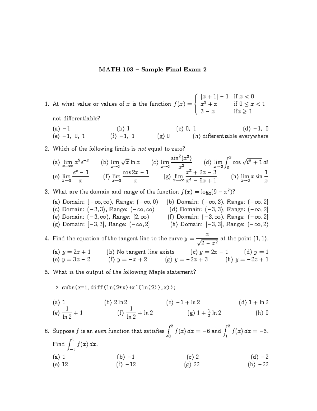 M103-se2 - Practice Problems - MATH 103 – Sample Final Exam 2 At What ...