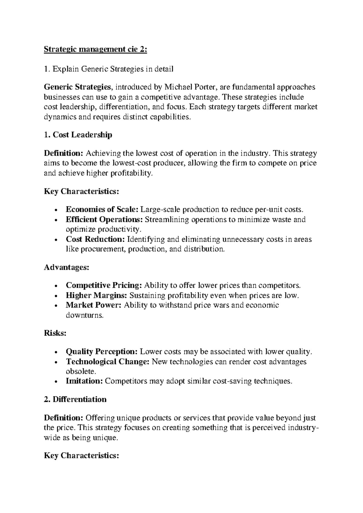 Strategic management 2 - Explain Generic Strategies in detail Generic ...