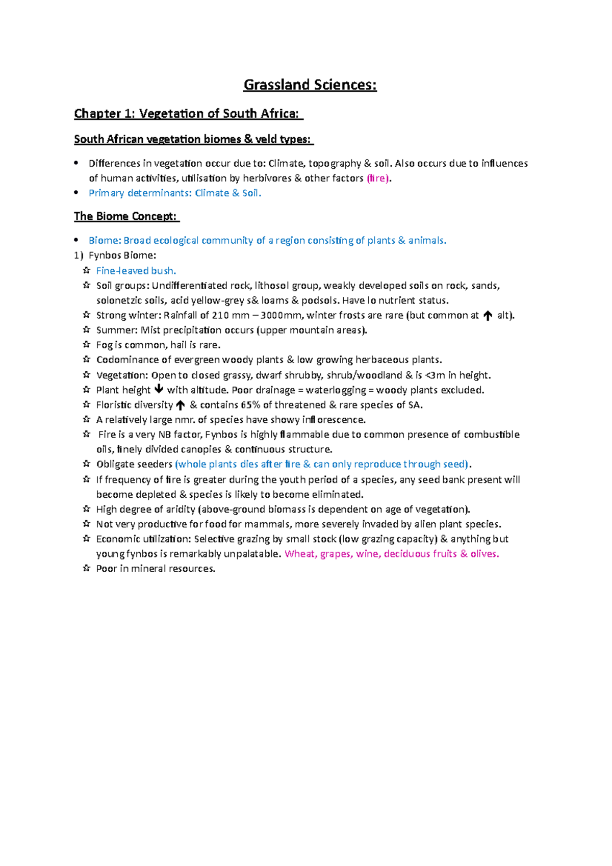 ANIG 1624 Summarised - Grassland Sciences: Chapter 1: Vegetation of ...