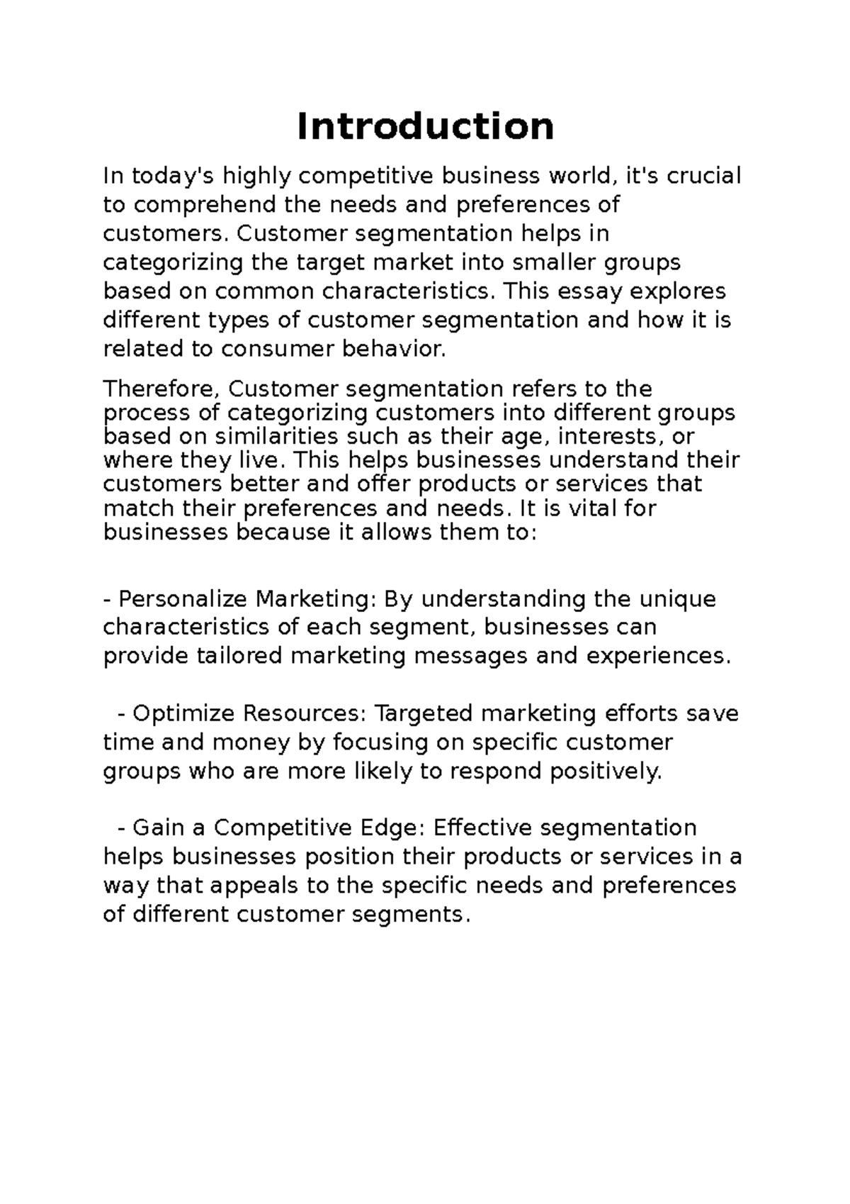 Segmentation - Introduction In today's highly competitive business ...