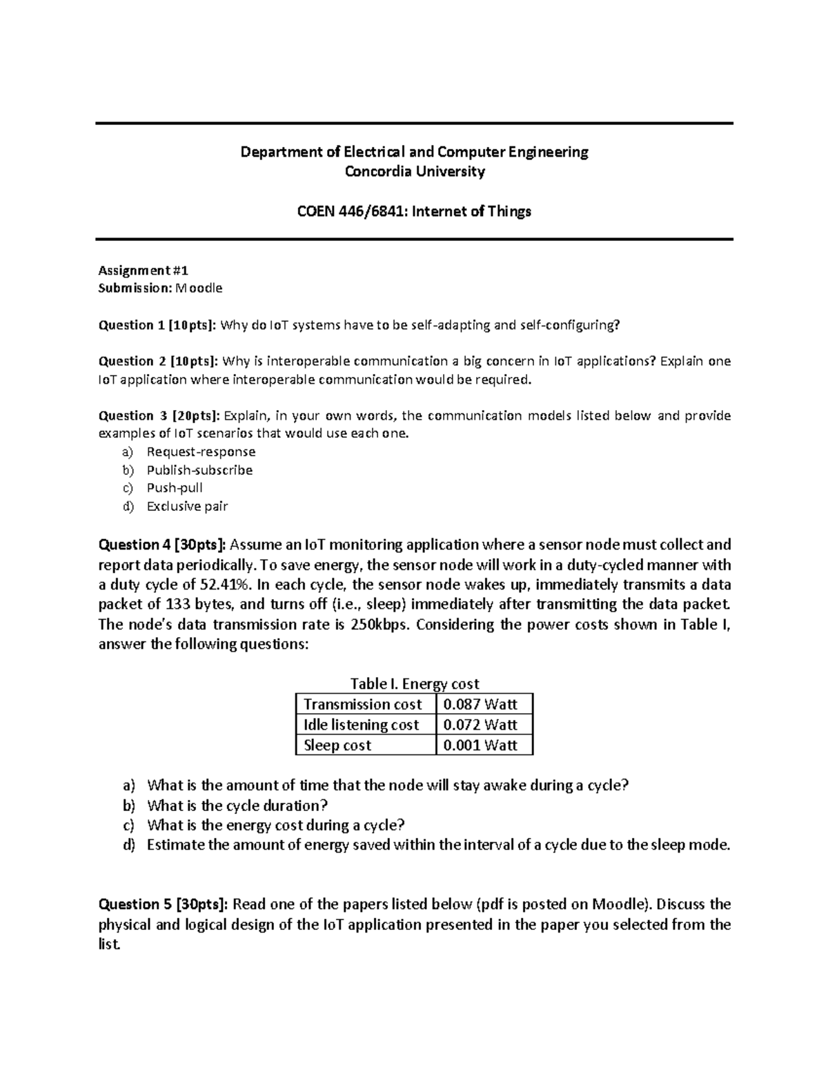 Assigment 1 questions Department of Electrical and Computer