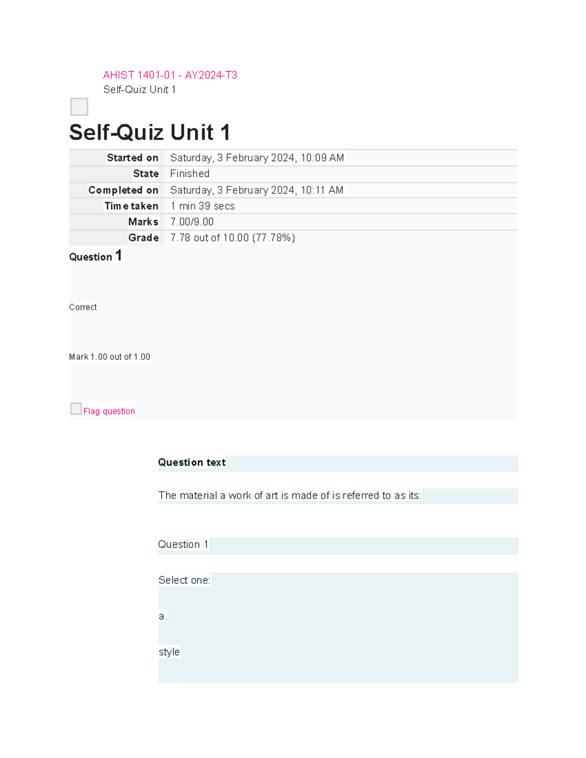 Ahist 1401-01 - AY2024-T3 - AHIST 1401-01 - AY2024-T Self-Quiz Unit 1 ...