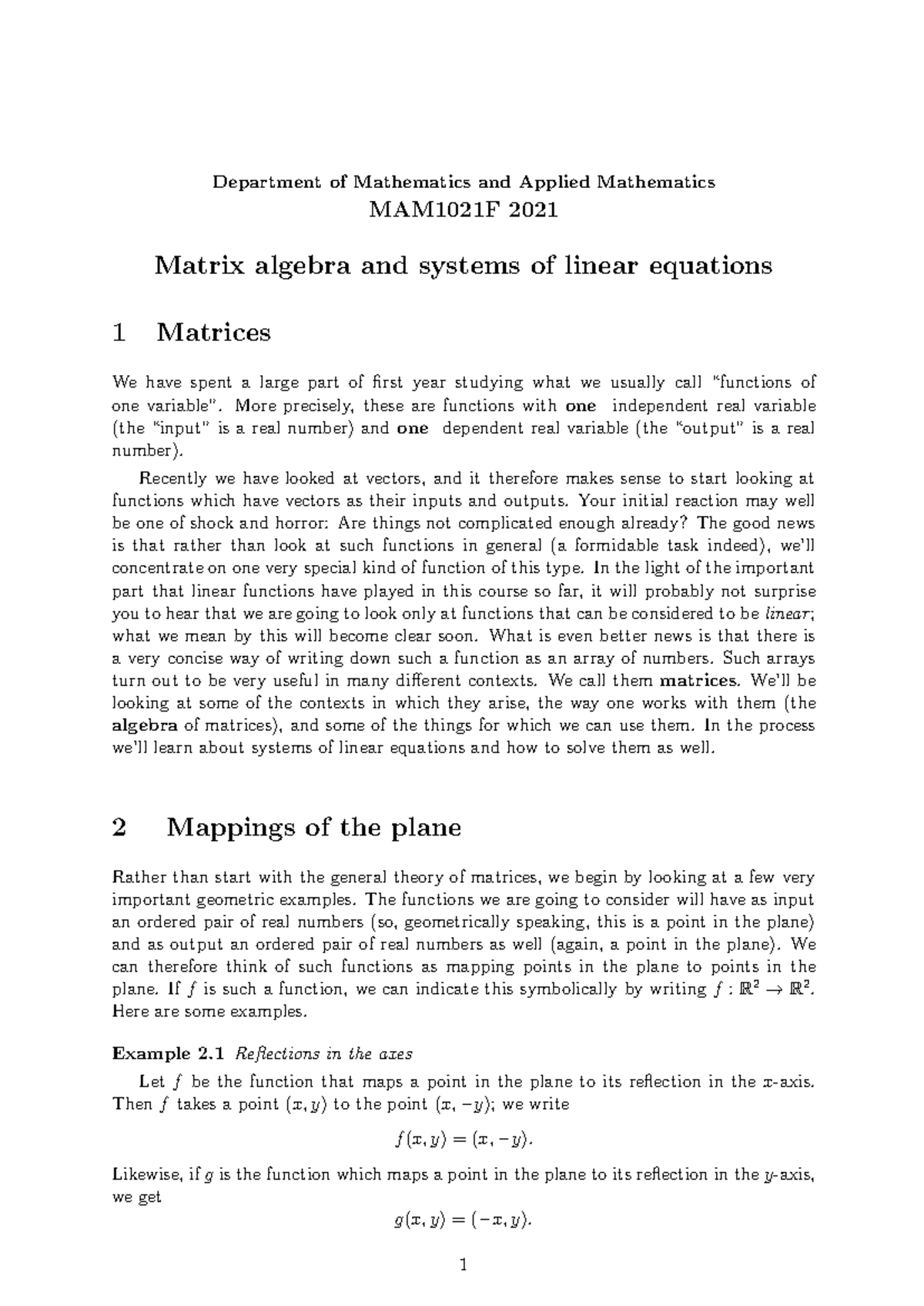 Matrix Algebra and Systems of Linear Equations - Department of ...
