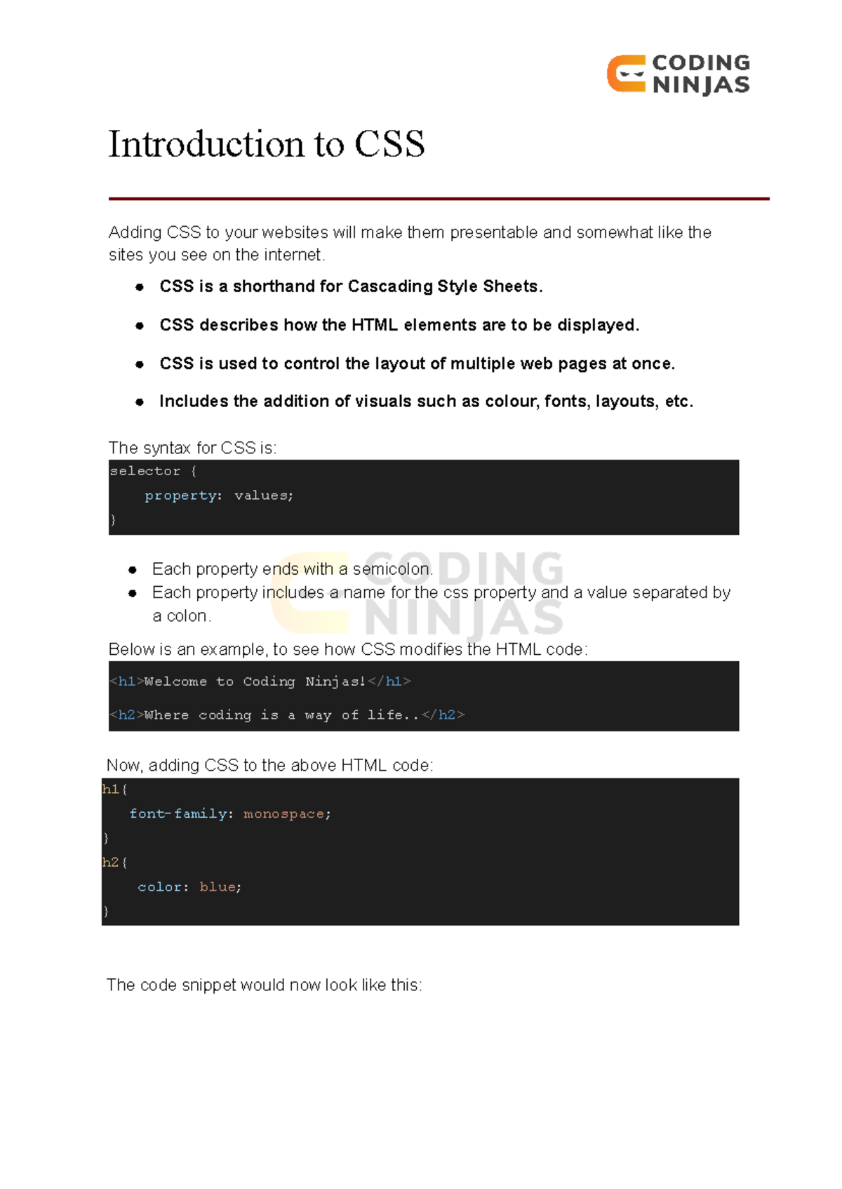 4. Notes Introduction to CSS-2452 - Introduction to CSS Adding CSS to ...