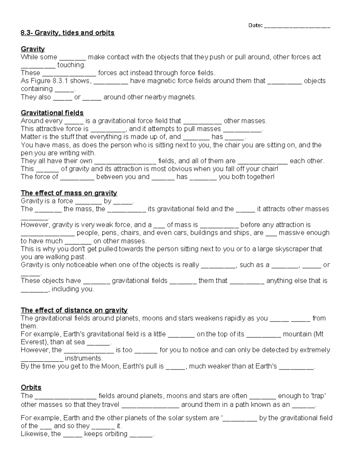 Unit 8.3 and 8.4 cloze passage - 8- Gravity, tides and orbits Gravity ...