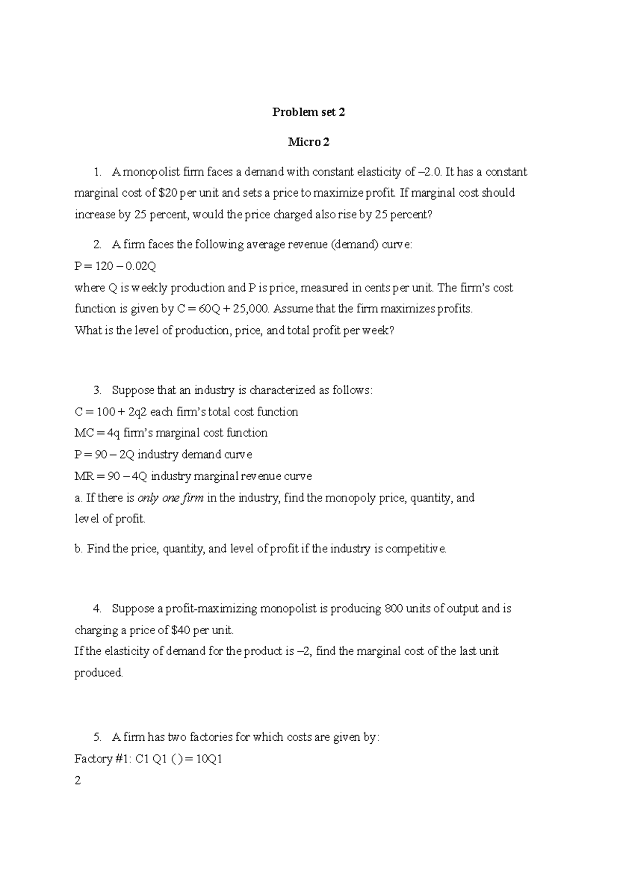 Micro 2 problem set 2 - Practice sets for Miceoeconomics(Semester-2 ...