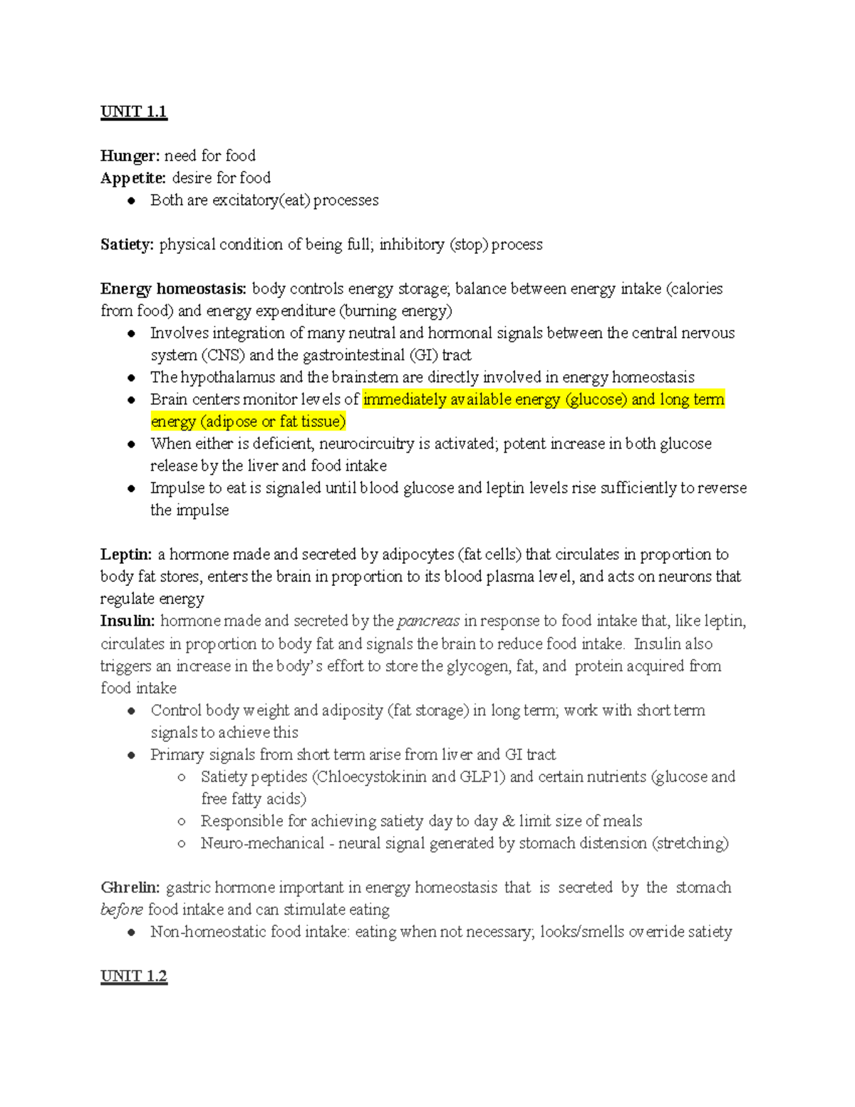Science of food study guide UNIT 1 Hunger need for food Appetite