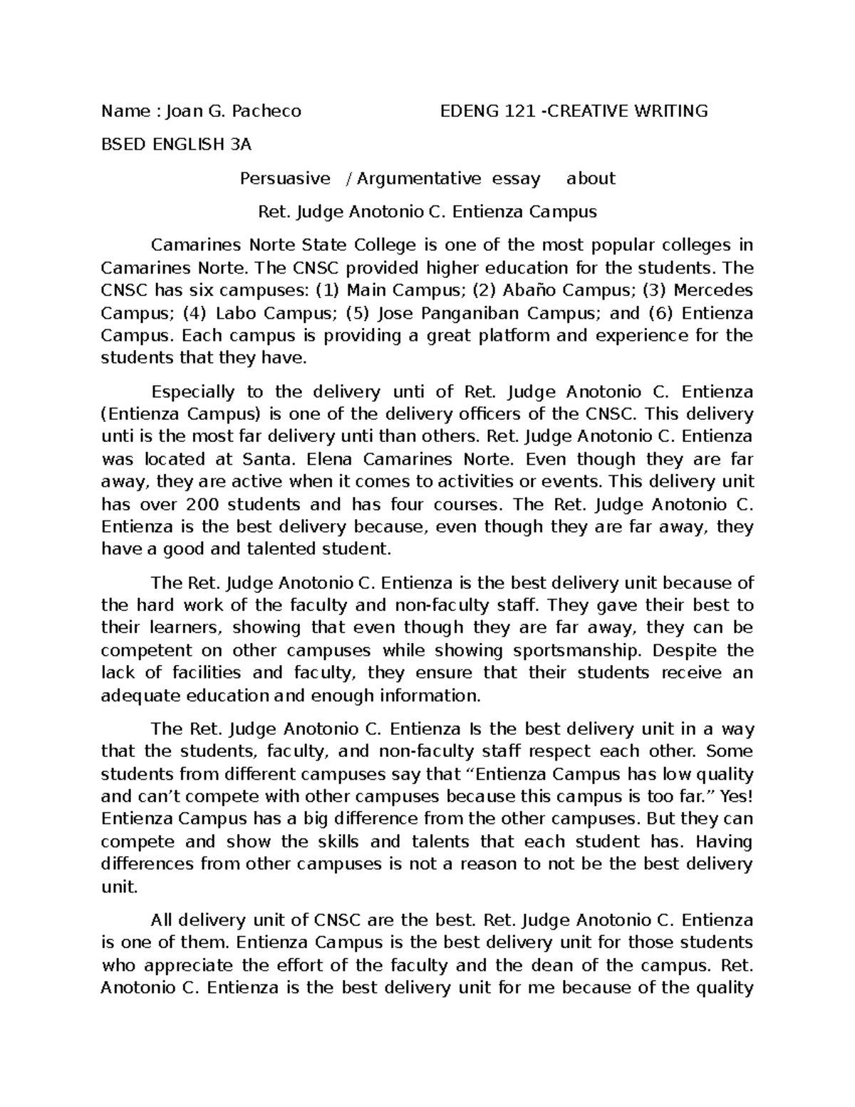 Argumentive pacheco - None - Name : Joan G. Pacheco EDENG 121 -CREATIVE ...