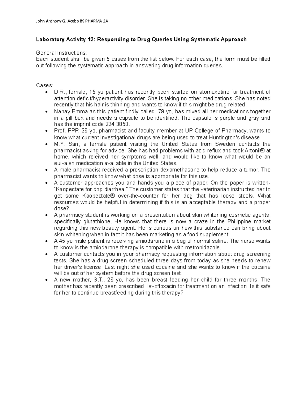 LAB 12 - Laboratory reference - John Anthony Q. Acabo BS PHARMA 2A ...