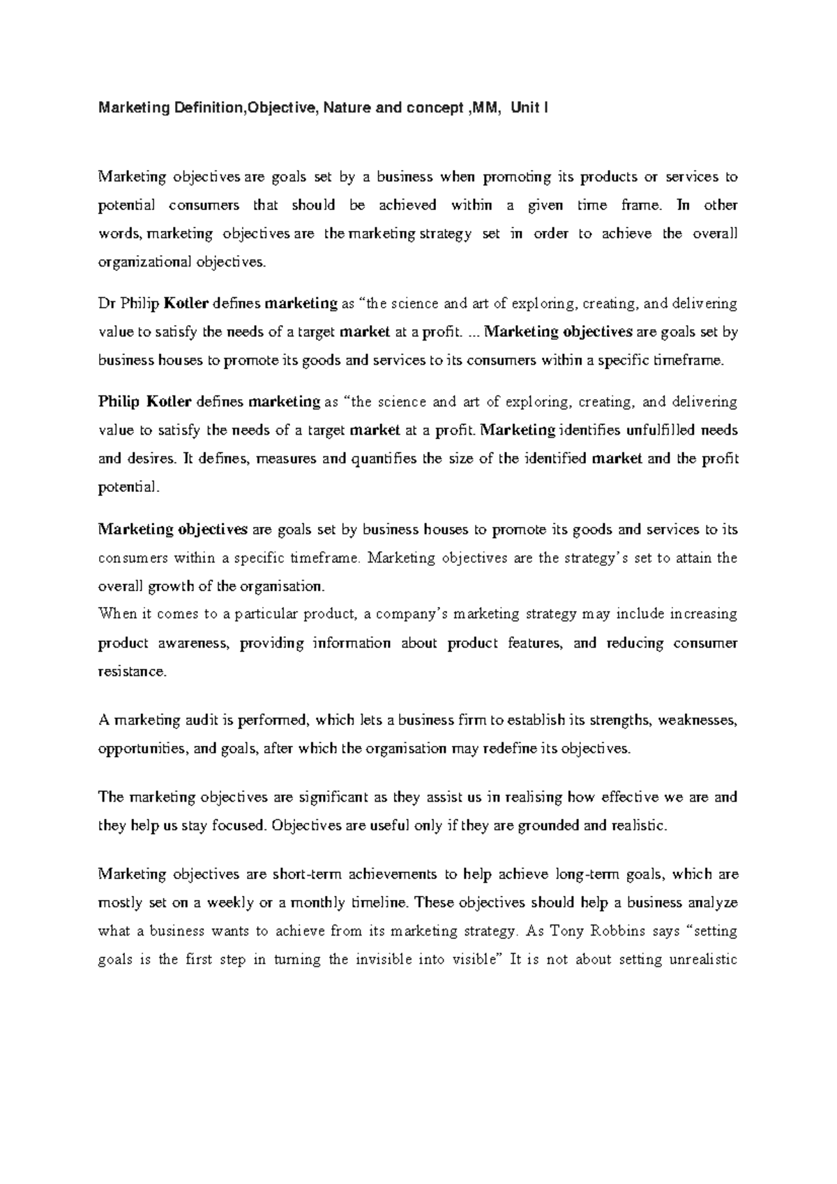Marketing Definition Obj n Nature MM Unit I - Marketing Definition ...