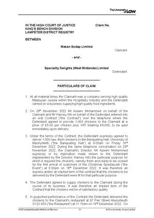 Drafting Formative - Defence and Counterclaim - De Vere case - IN THE ...