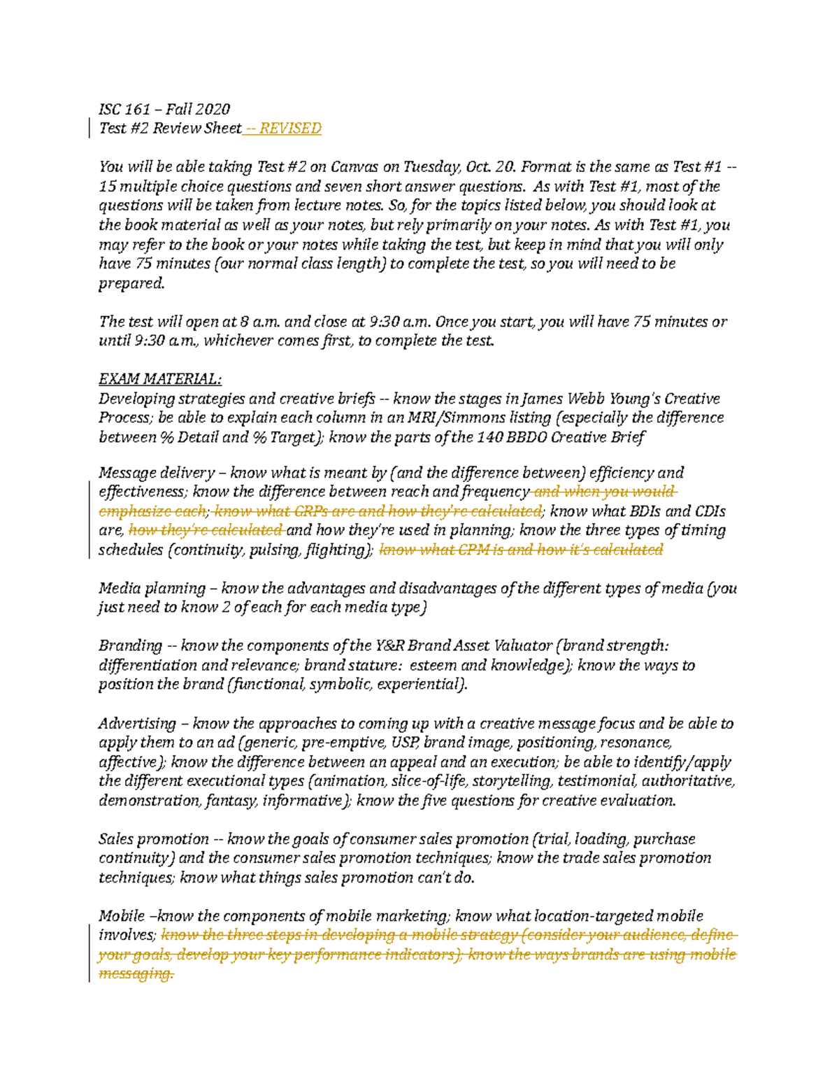 ISC 161 Fall 2020 Test 2 review sheet - ISC 161 – Fall 2020 Test #2 ...