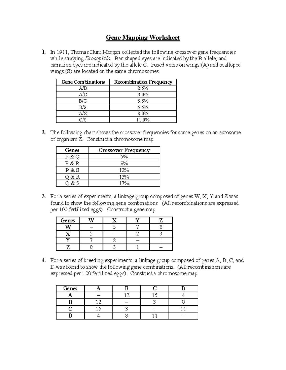 Gene mapping woprksheet 1 Gene Mapping Worksheet In 1911, Thomas Hunt collected the