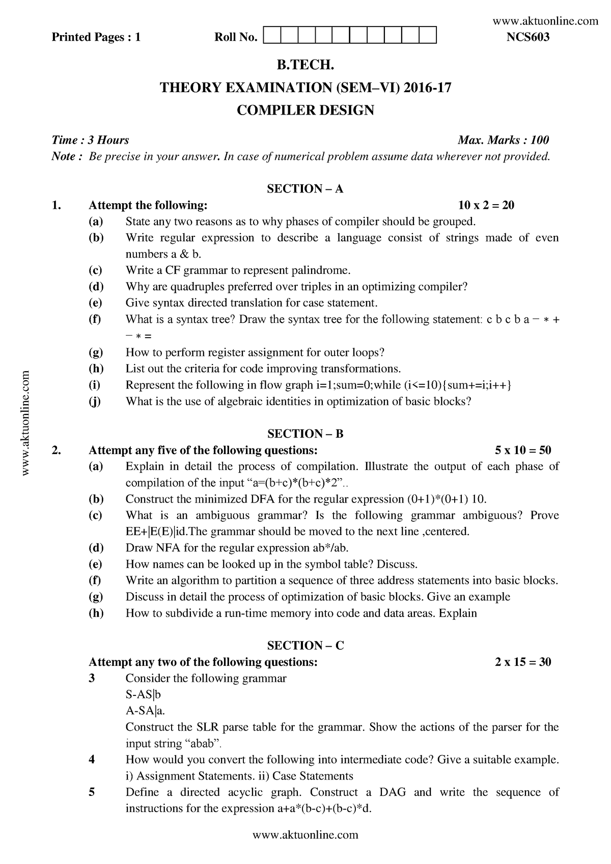 AKTU CD PYQ 2017 - Printed Pages : 1 Roll No. NCS B. THEORY EXAMINATION ...