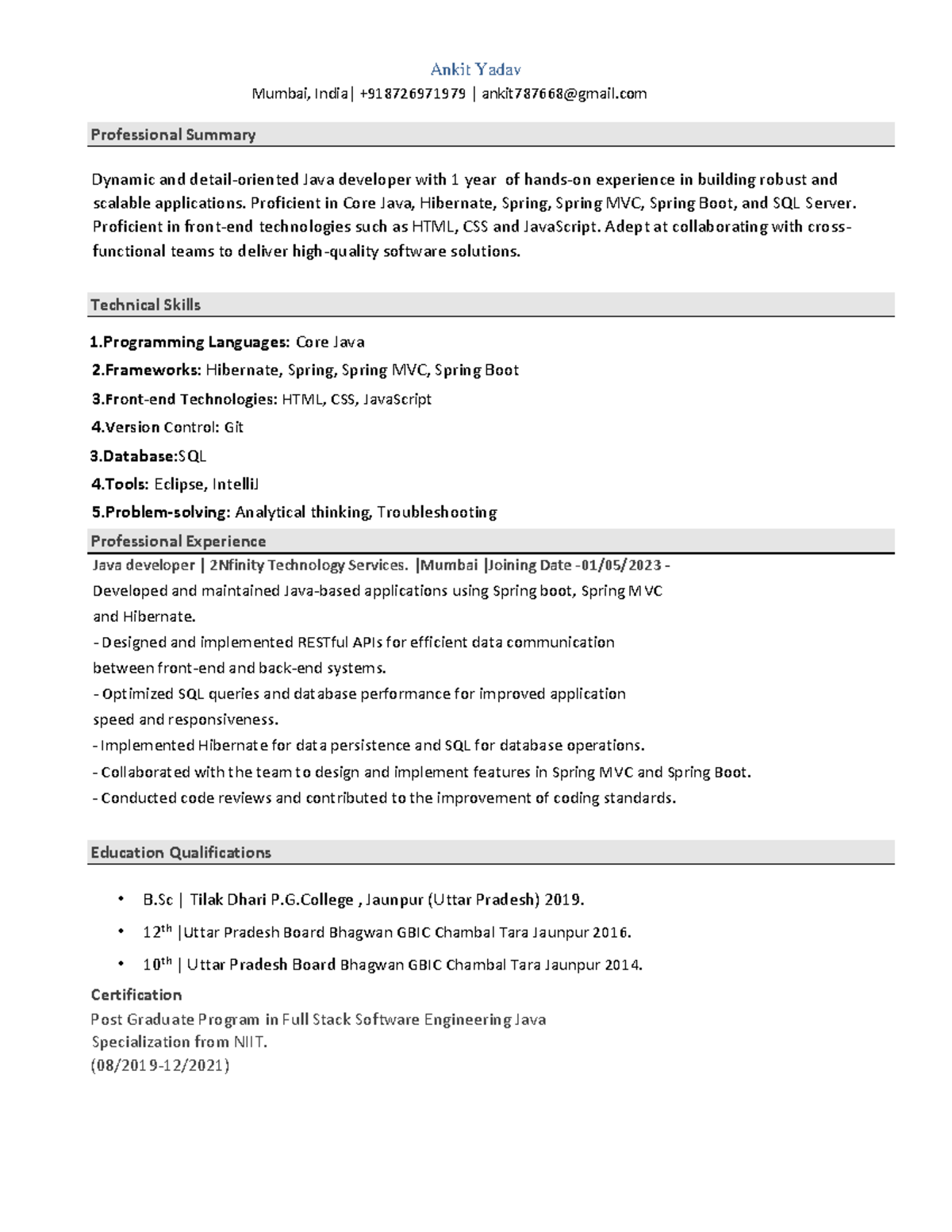Spring boot developer - Ankit Yadav Mumbai, India| +918726971979 ...