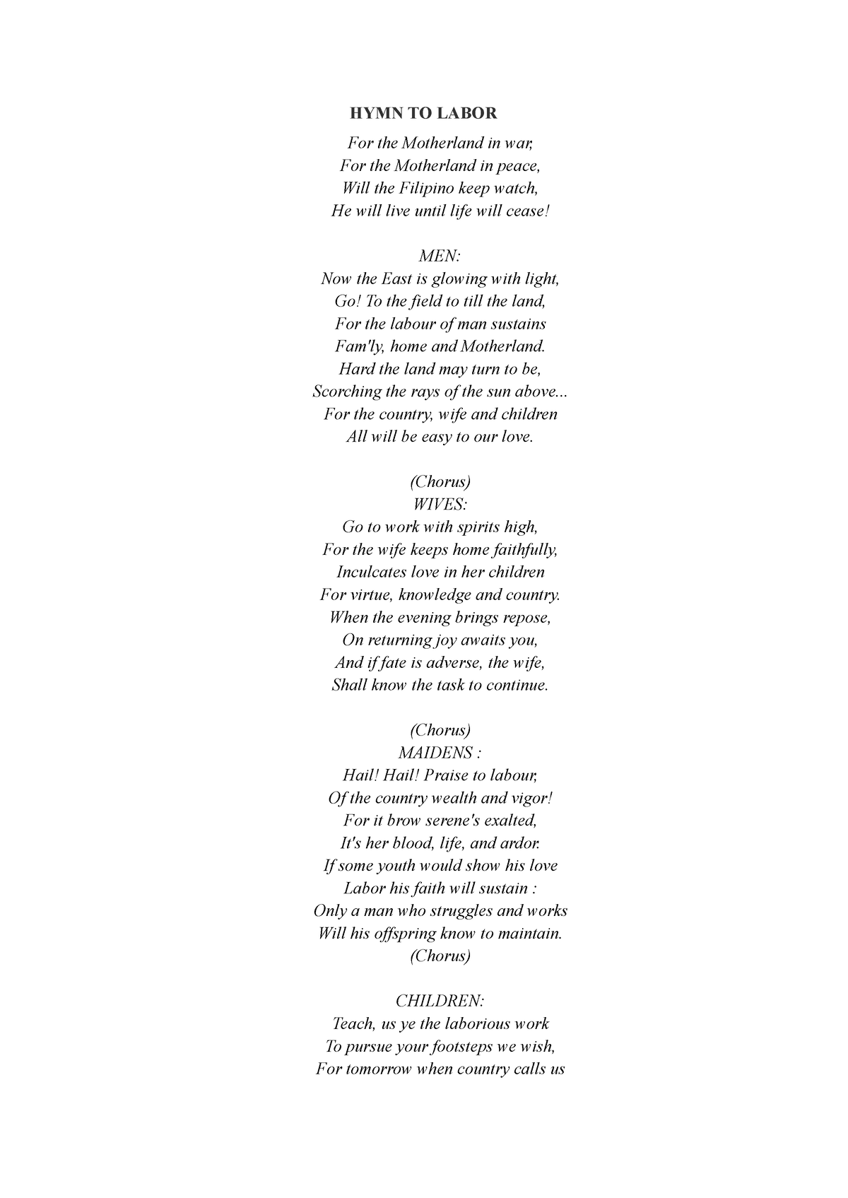 Hymn to labor - poem - HYMN TO LABOR For the Motherland in war, For the ...