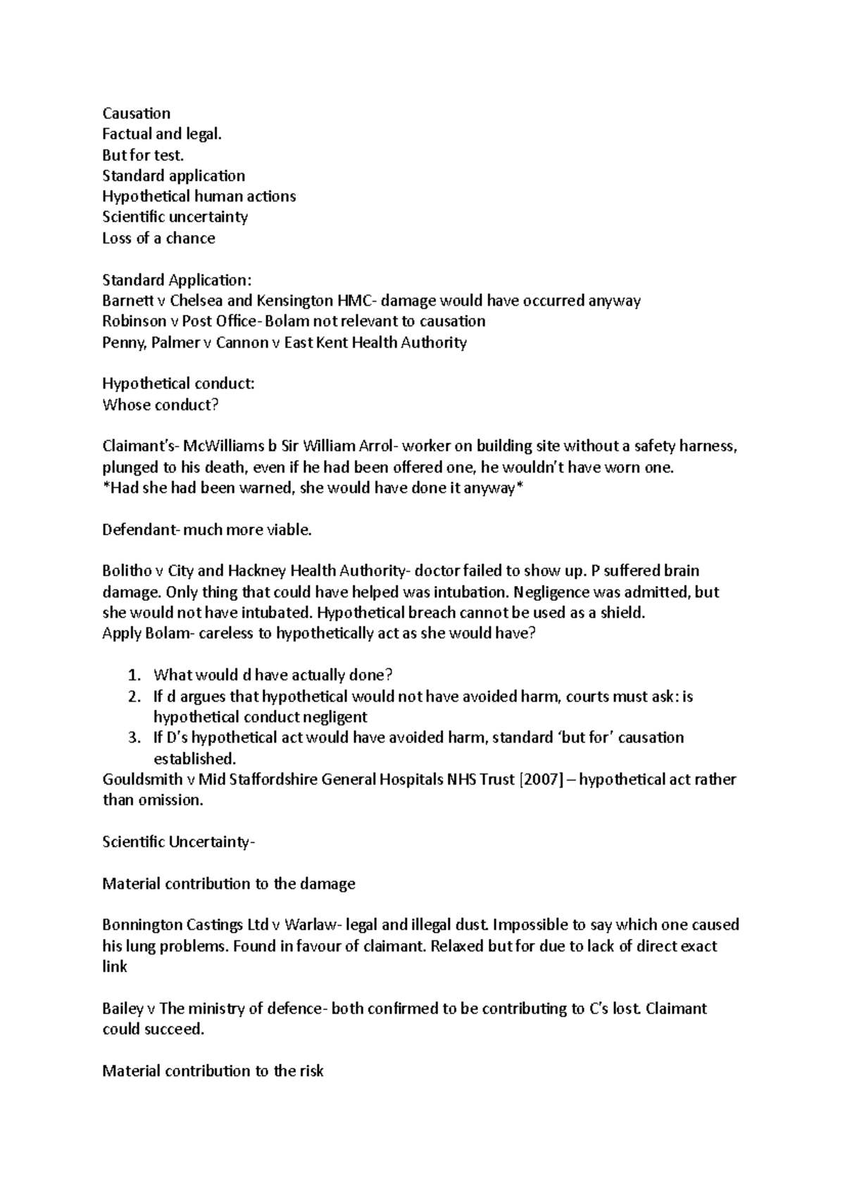 Medical causation - Lecture notes 17 - Causation Factual and legal. But ...