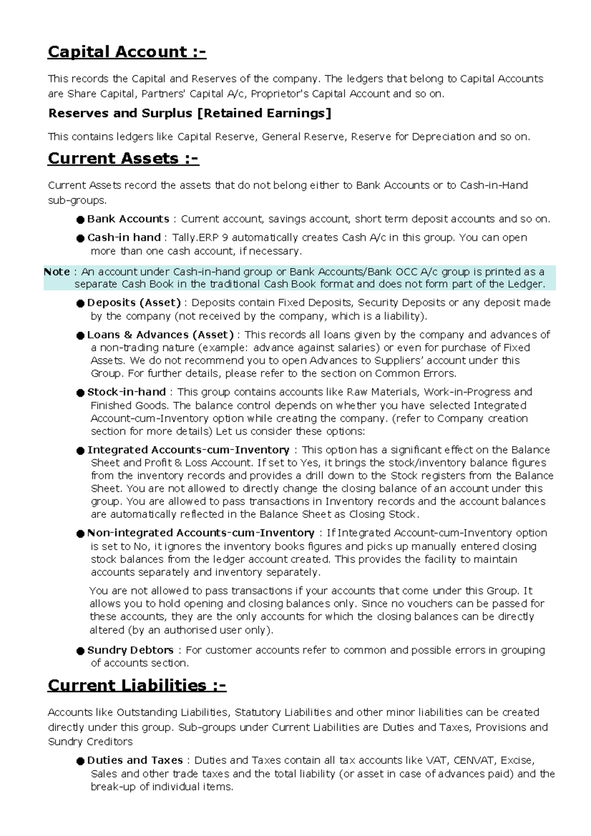 Tally Notes - Capital Account :- This records the Capital and Reserves ...