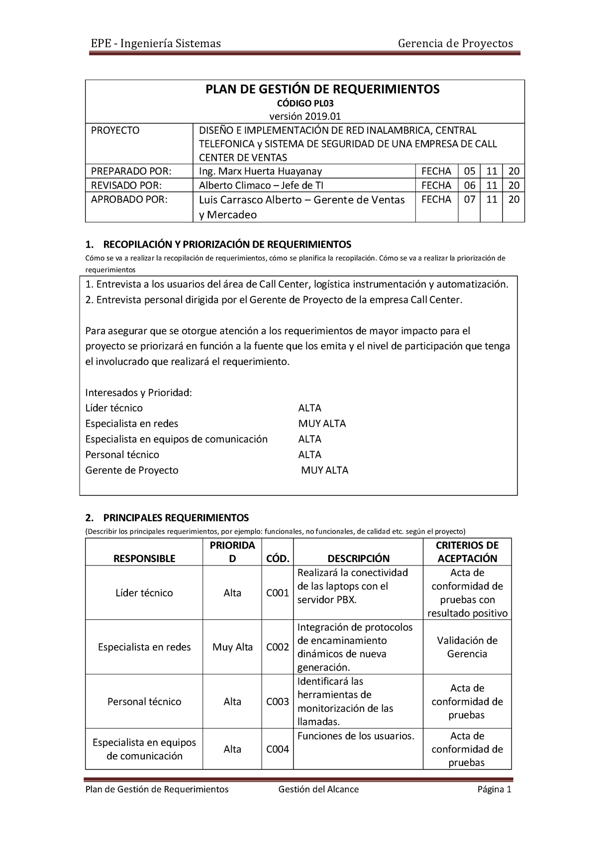 Pl 03 Plan De Gestión De Requerimientos Epe Ingeniería Sistemas Gerencia De Proyectos Plan 4961