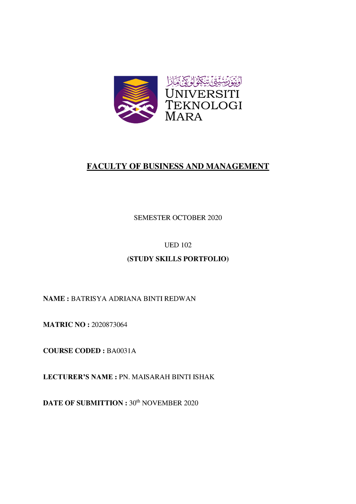 Batrisya UED Portfolio - FACULTY OF BUSINESS AND MANAGEMENT SEMESTER ...