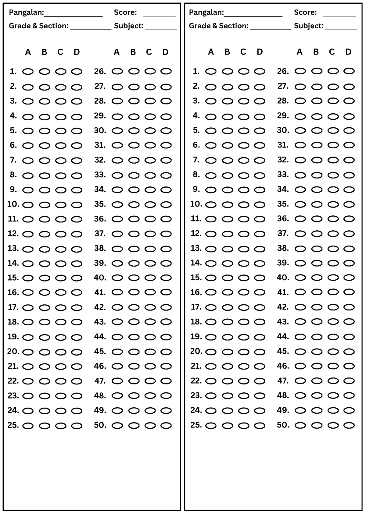 50 Items- Answersheet - Score: Subject: Score: Subject: Pangalan: Grade ...