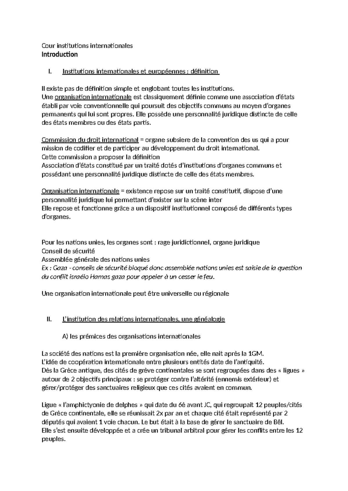 Cours IIE - Cour institutions internationales Introduction I ...