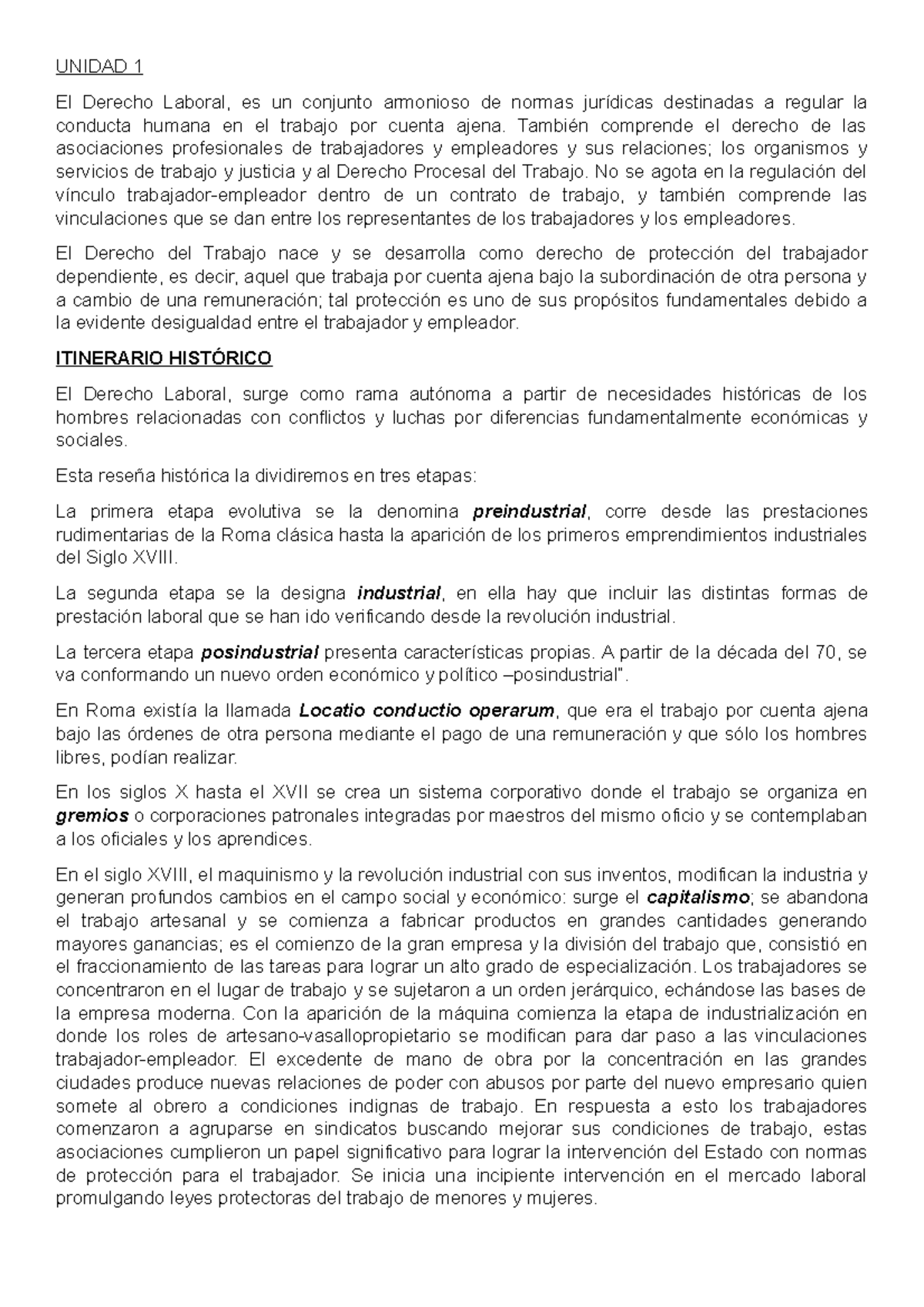 Resumen D. Laboral - UNIDAD 1 El Derecho Laboral, es un conjunto ...
