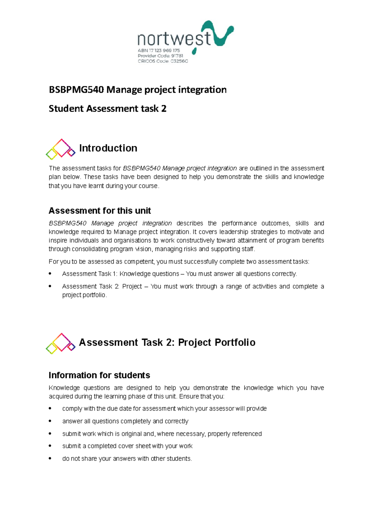 Bsbpmg 540 Student Assessment Task 2 - BSBPMG540 Manage Project ...