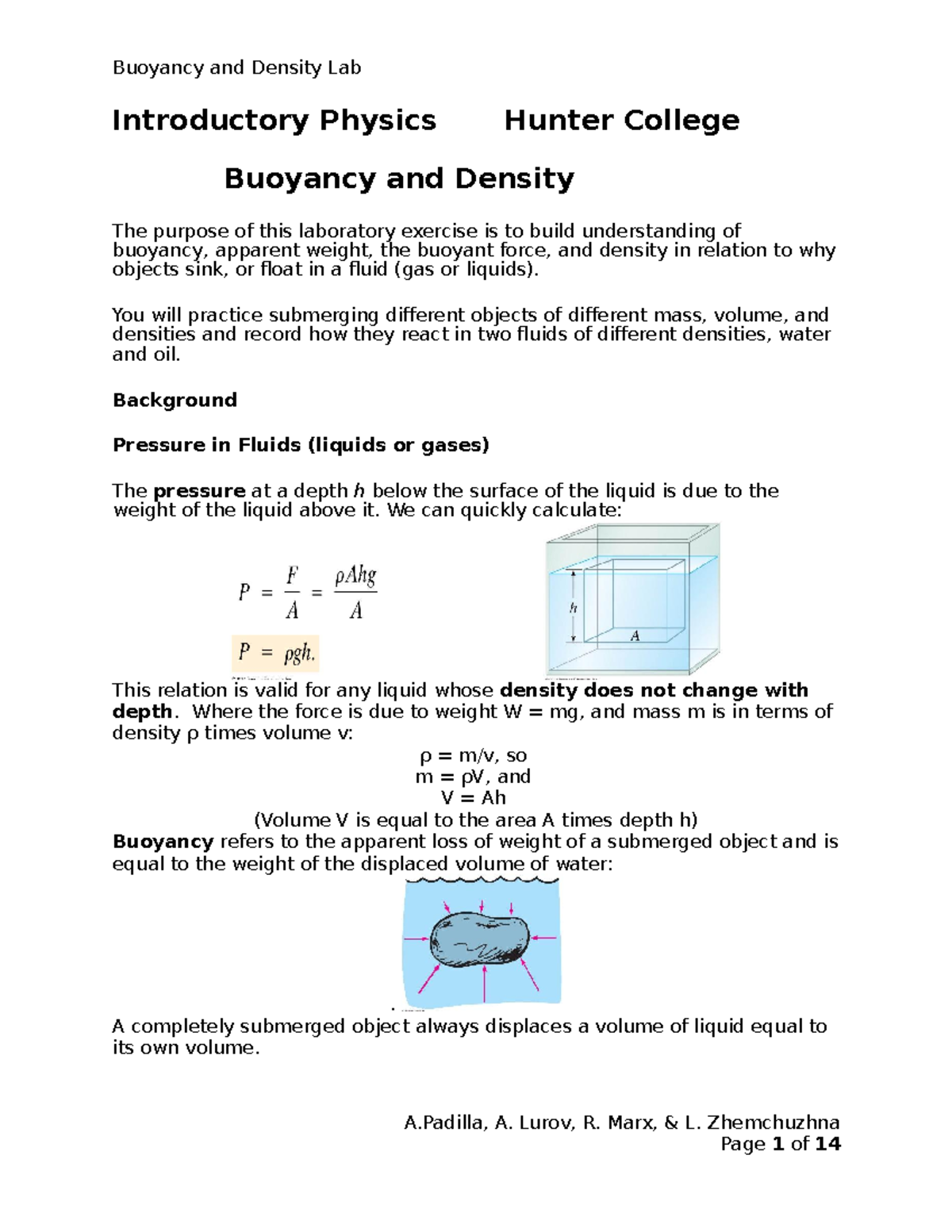 Phys Lab 10 Lab Report Introductory Physics Hunter College Buoyancy And Density The Purpose