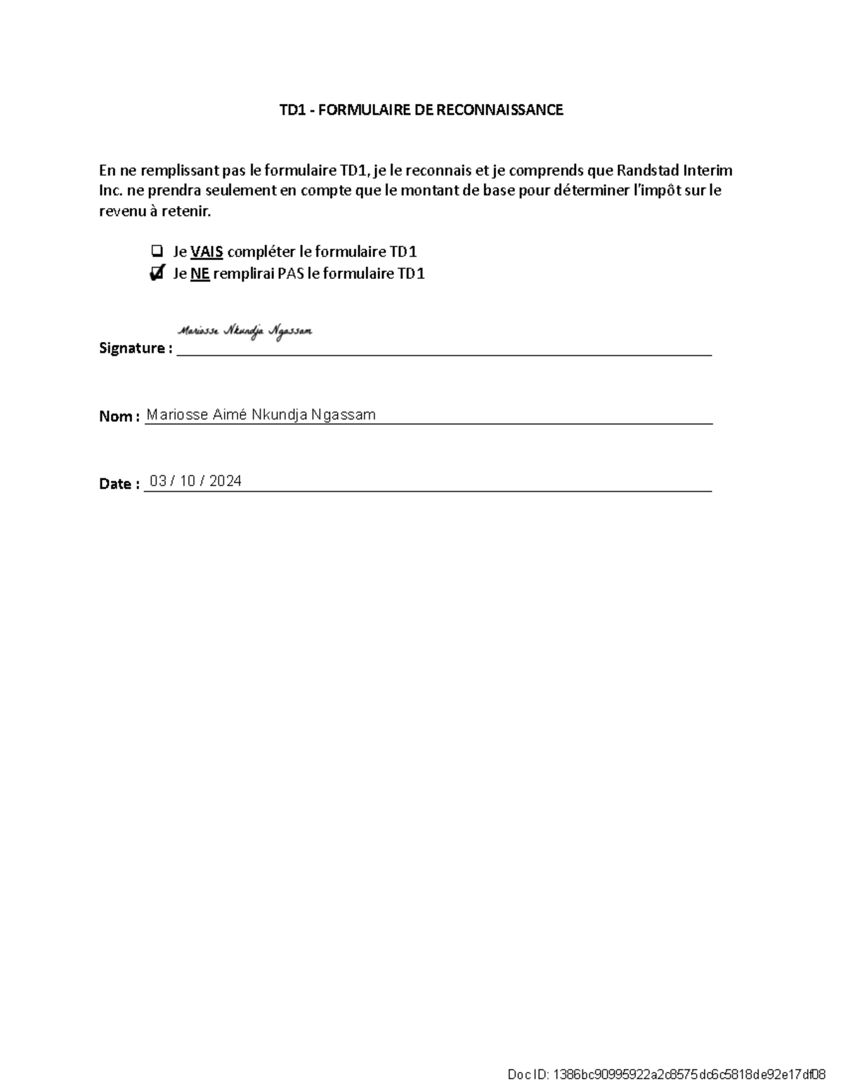Randstad federal - travaille - TD1 - FORMULAIRE DE RECONNAISSANCE En ne ...