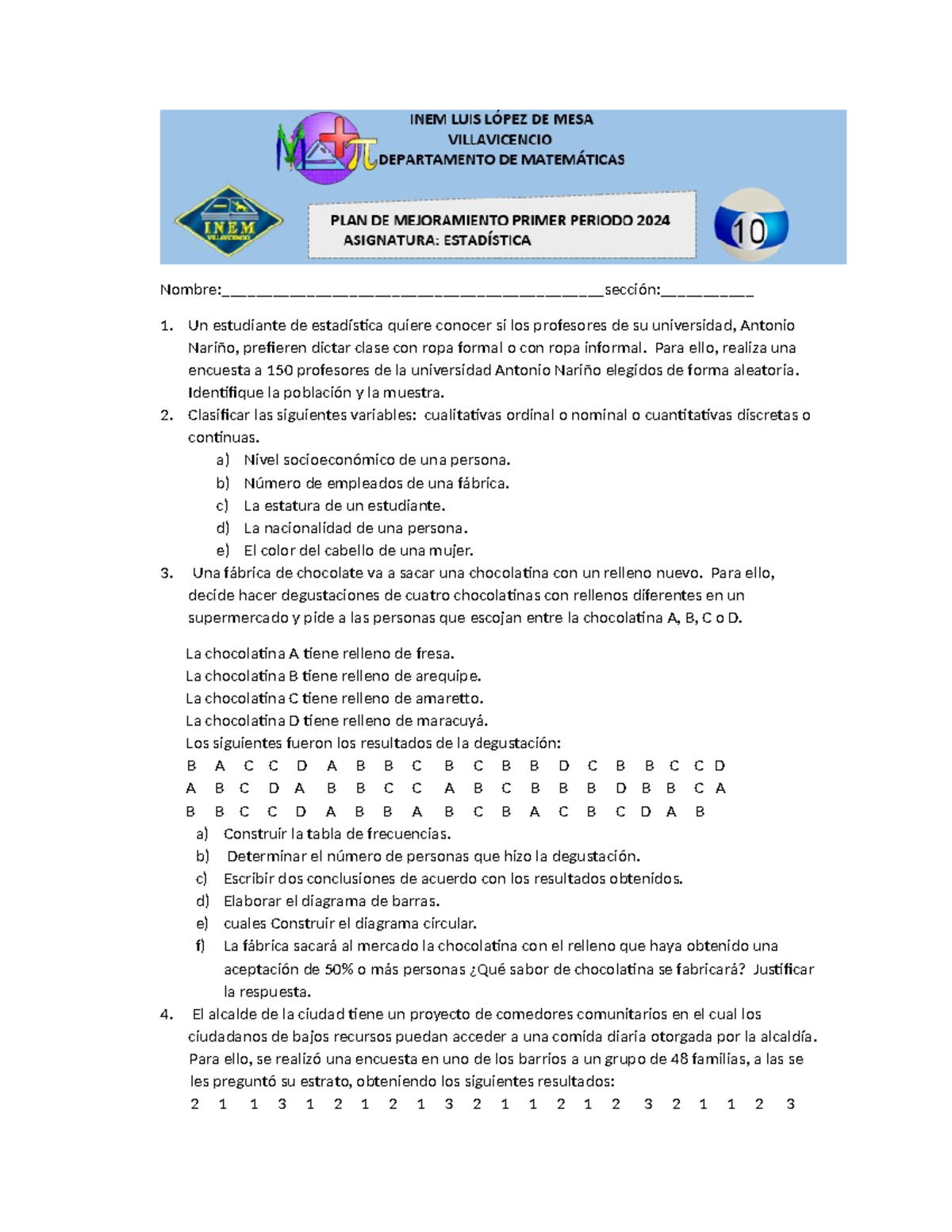 Plan de mejoramiento estadistica 10 p# - Nombre ...