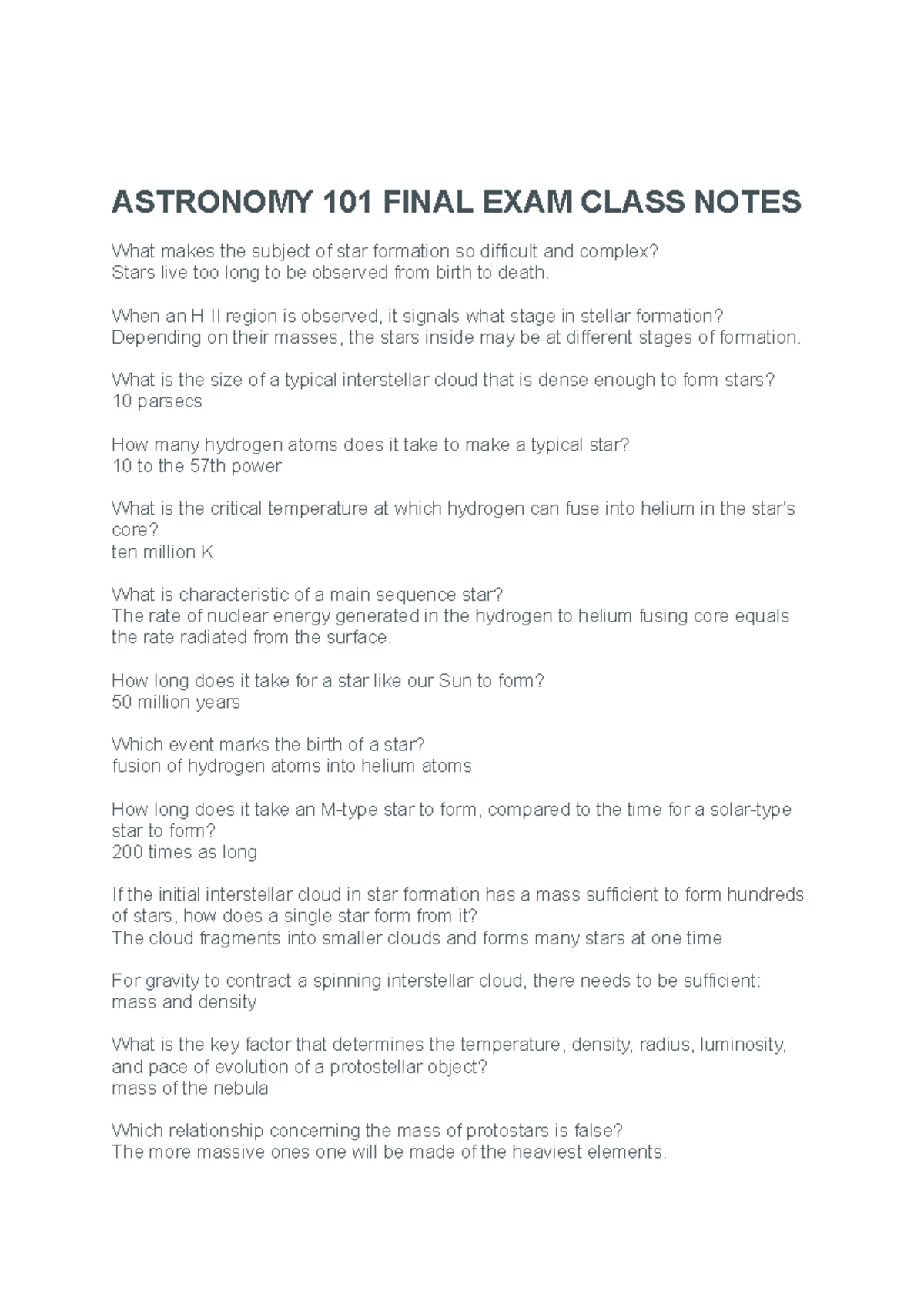 Astronomy 101 Final EXAM Class Notes - ASTRONOMY 101 FINAL EXAM CLASS ...