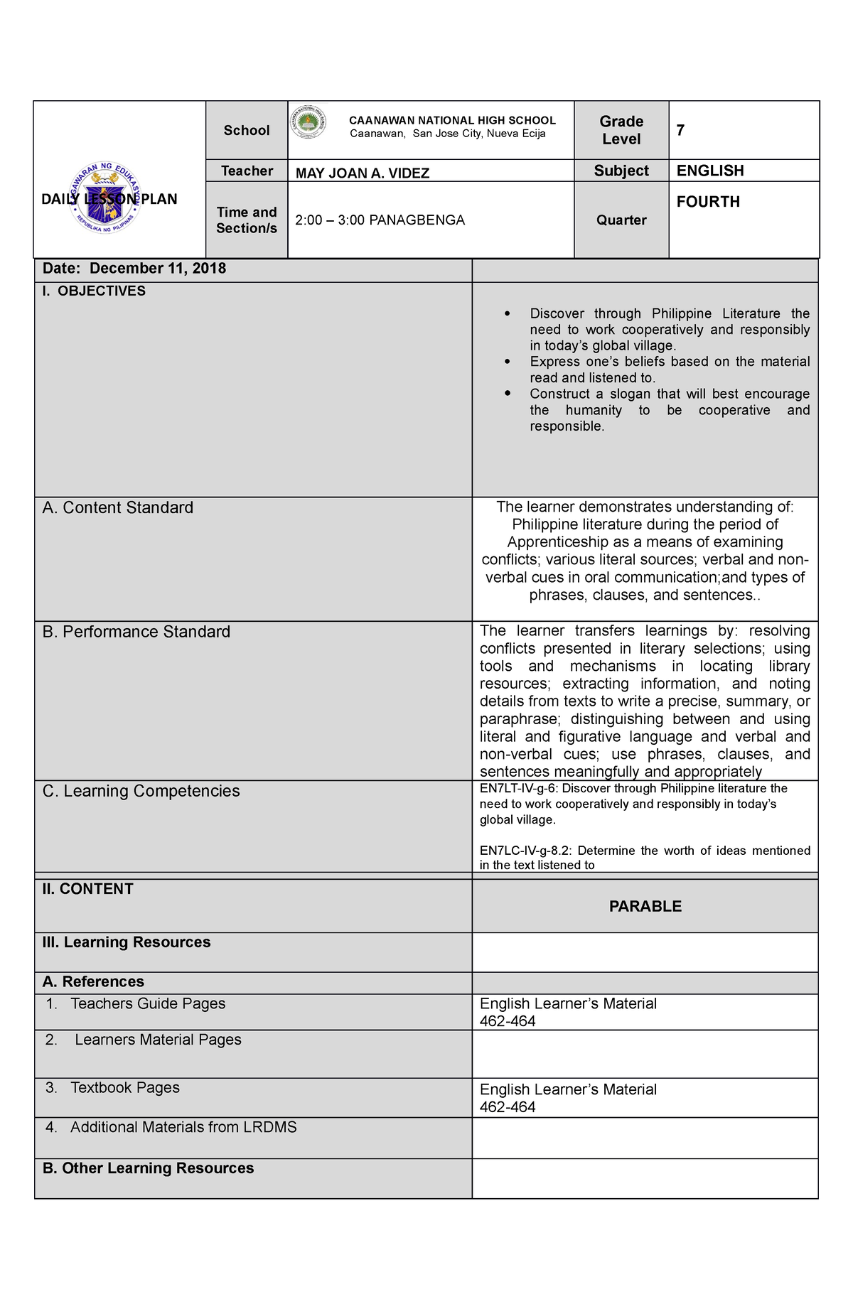 Cot 1q - LESSON PLAN USED FOR COT - DAILY LESSON PLAN School CAANAWAN ...