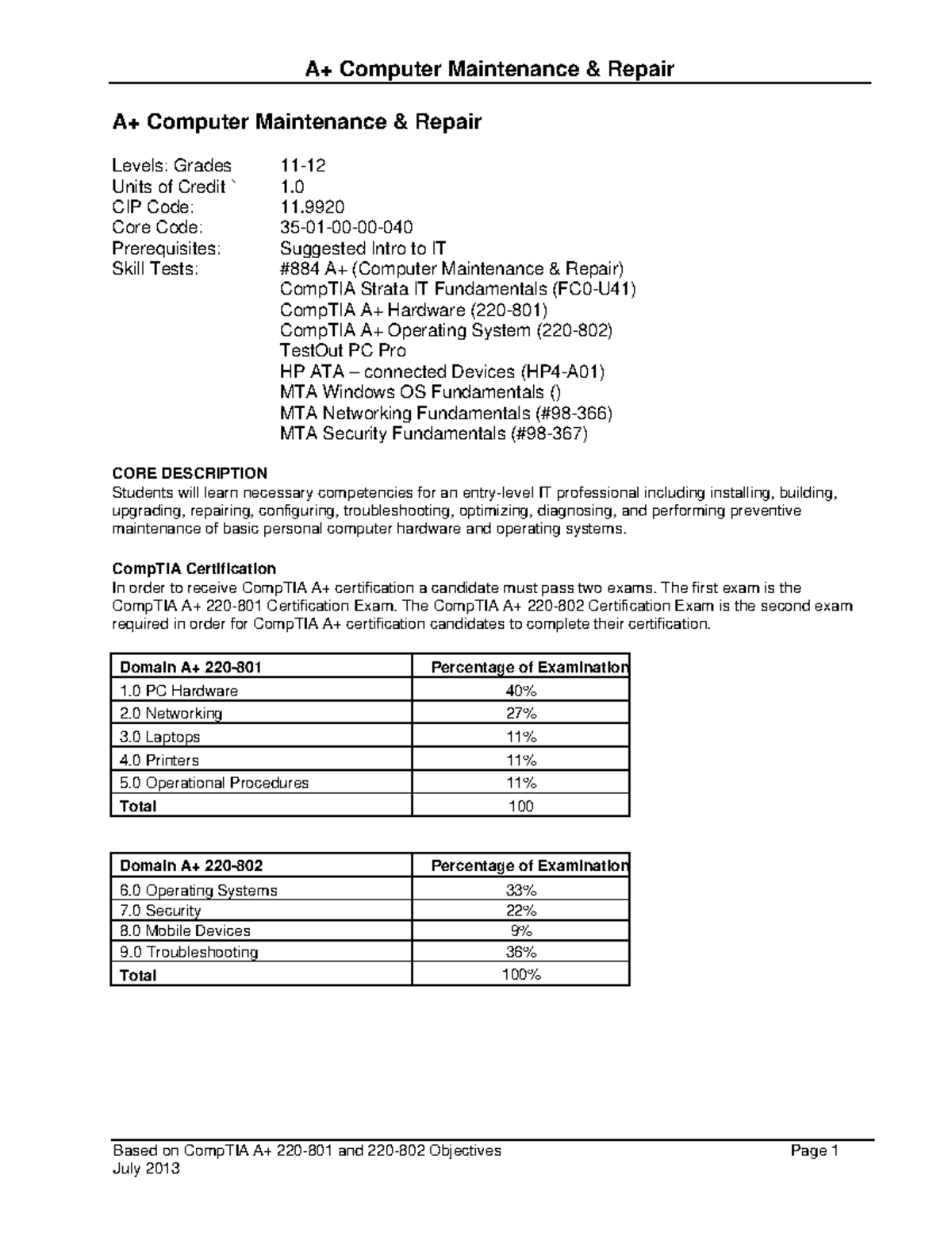 A Computer Maintenance and Repair A Comp Based on CompTIA A+ 220801