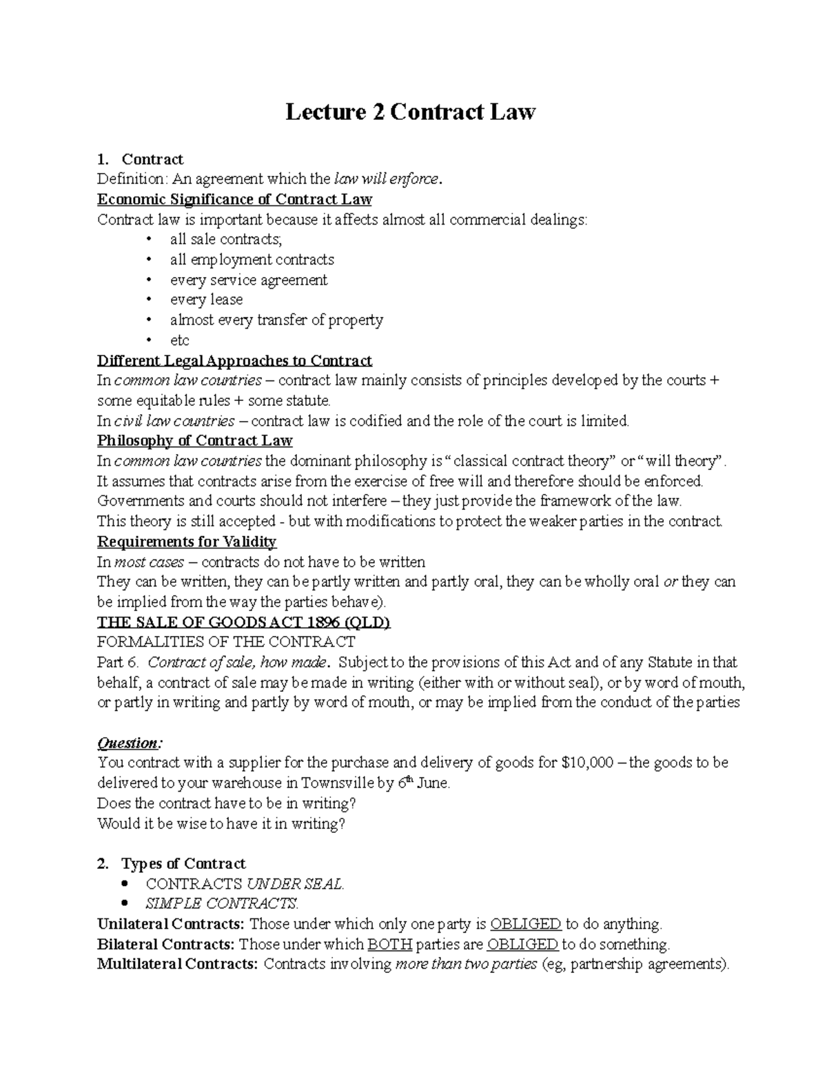 Lecture 2 Contract Law - Lecture 2 Contract Law 1. Contract Definition ...