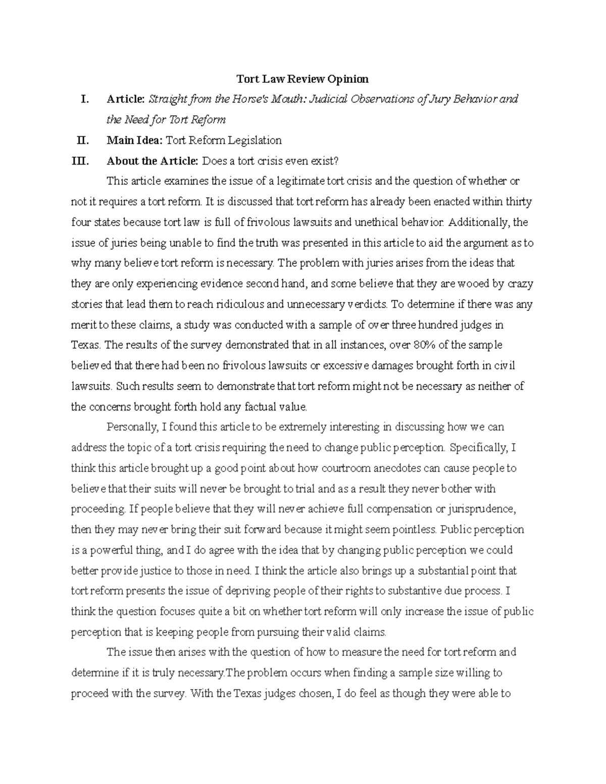 Torts Law Review Article Thoughts - Tort Law Review Opinion I. Article ...