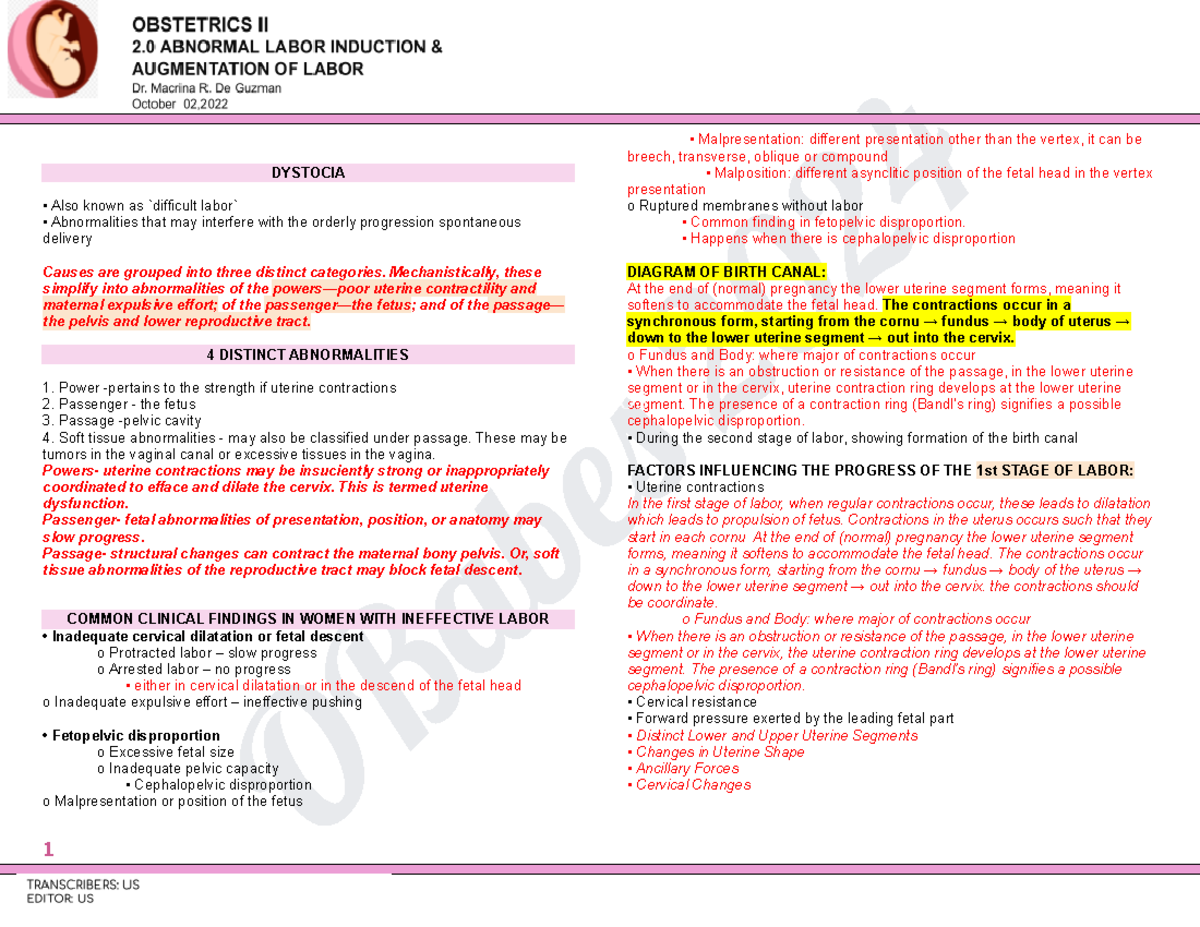 2.0 Abnormal Labor Induction & Augmentation - OBabe 2024 DYSTOCIA Also ...
