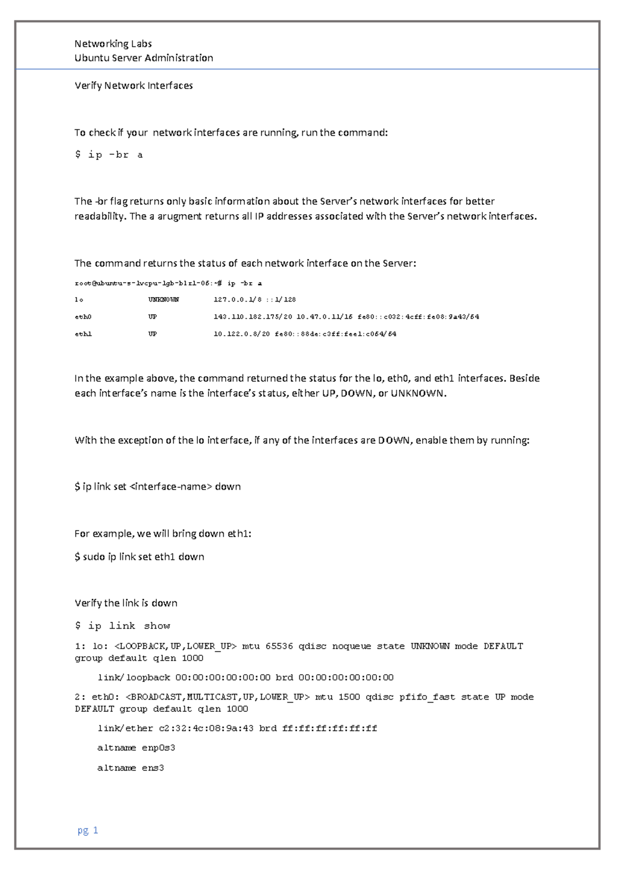 Networking Labs - Network - Ubuntu Server Administration Verify Network ...
