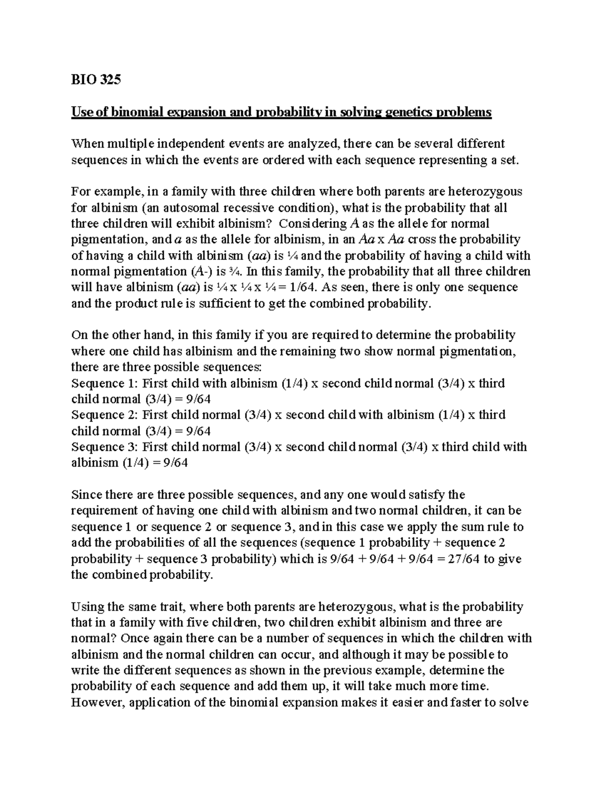 Use of binomial expansion and probability in solving genetics problems